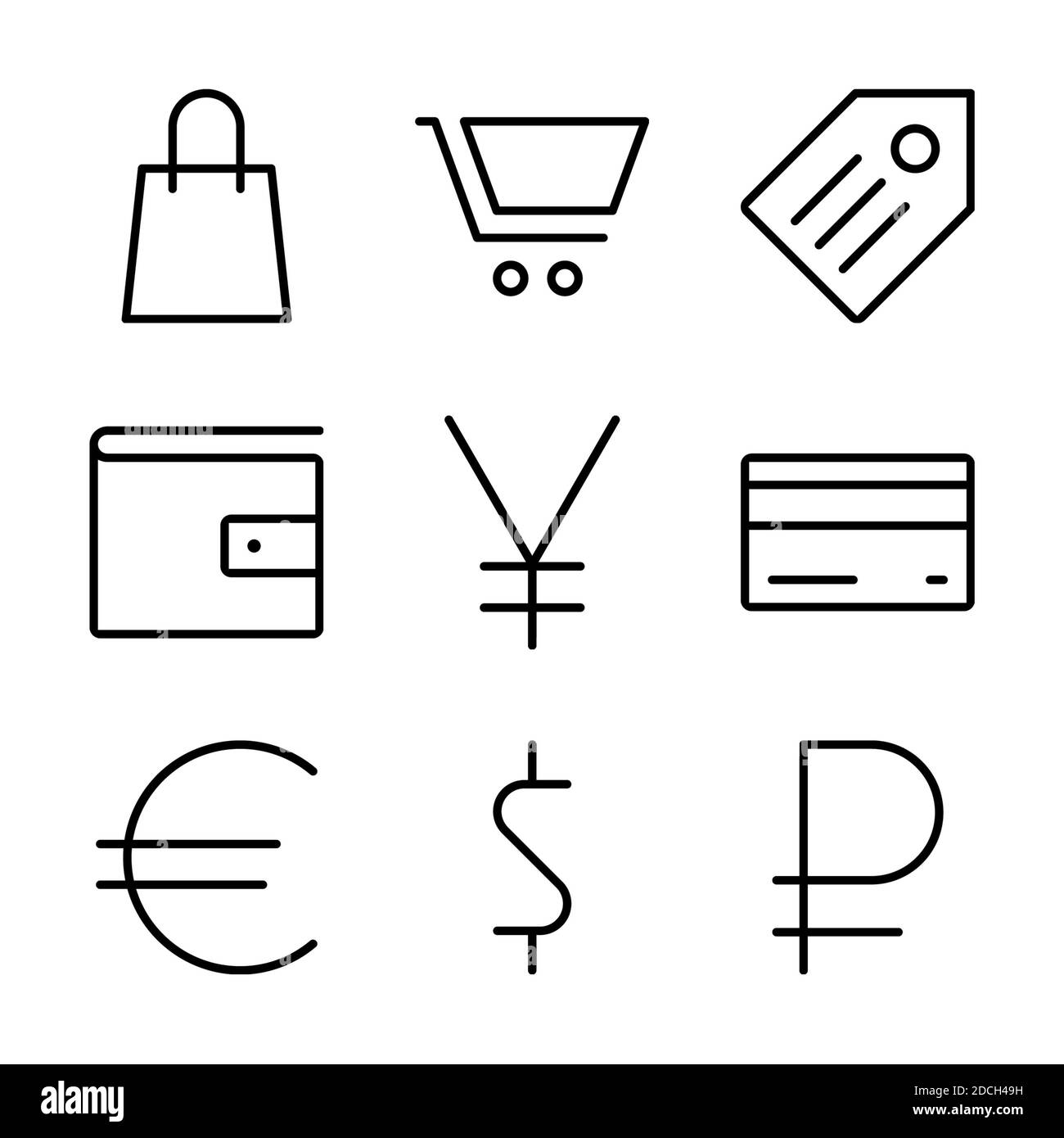 Linie Symbole Symbole Kreditkarte Euro Dollar Pond Yen Shopping Geldbörse für den Einkaufswagen Stockfoto