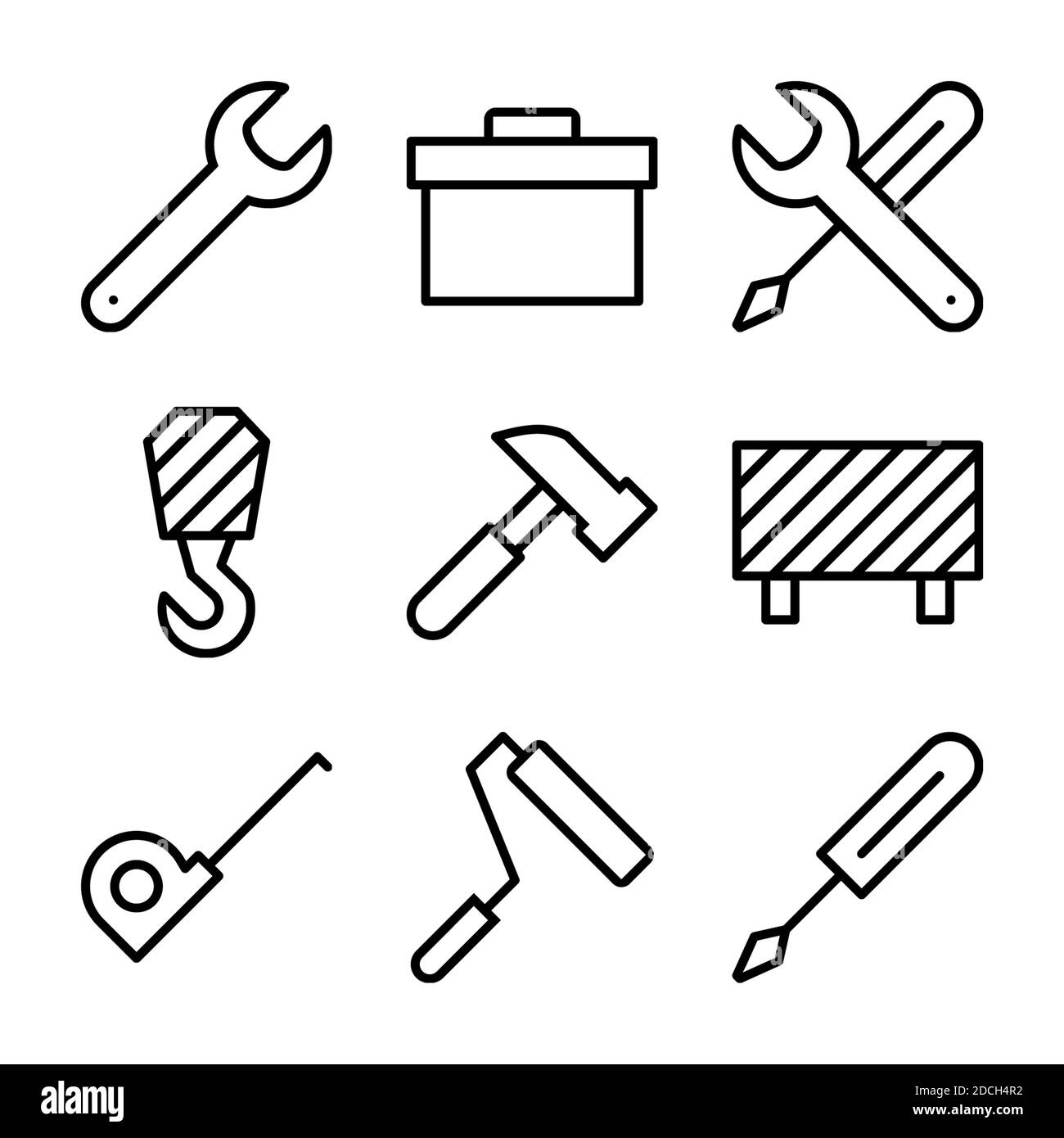 Linie Symbole Symbole Werkzeuge Meter Werkzeugkasten Roller Haken Helmkegel Stockfoto