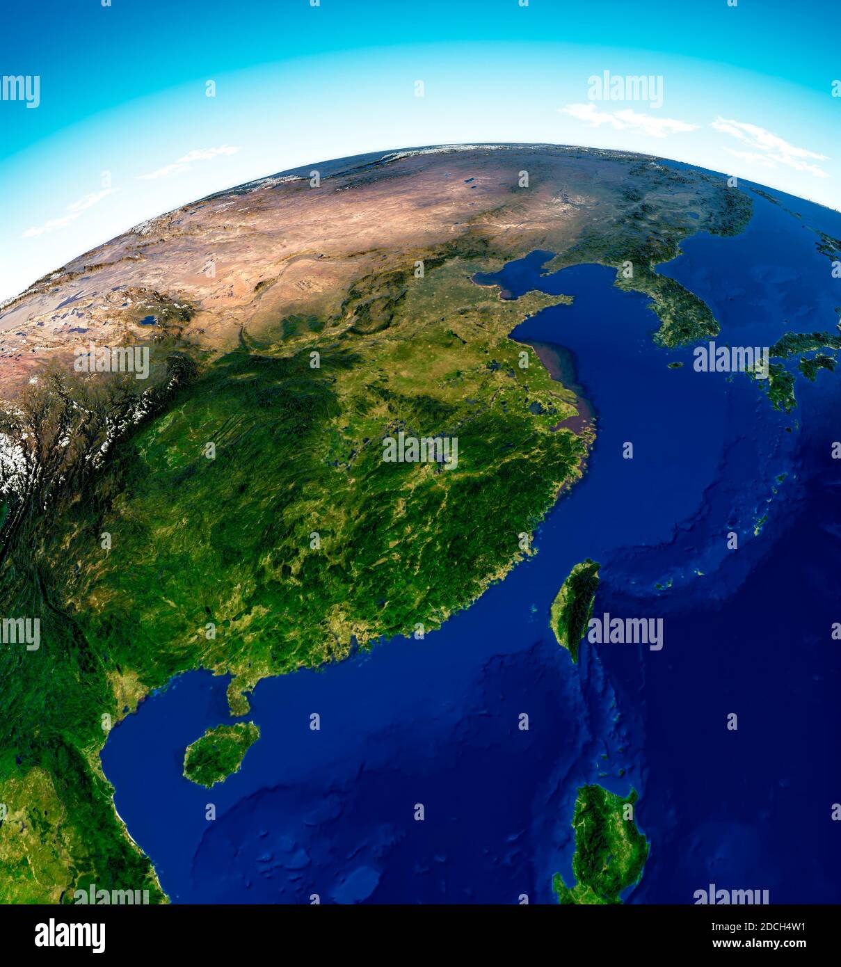 Weltkarte von Asien, Satellitenansicht, geographische Karte, Physik. Kartographie, Reliefatlas. 3d-Rendering. China, Südkorea, Mongolei, Taiwan Stockfoto