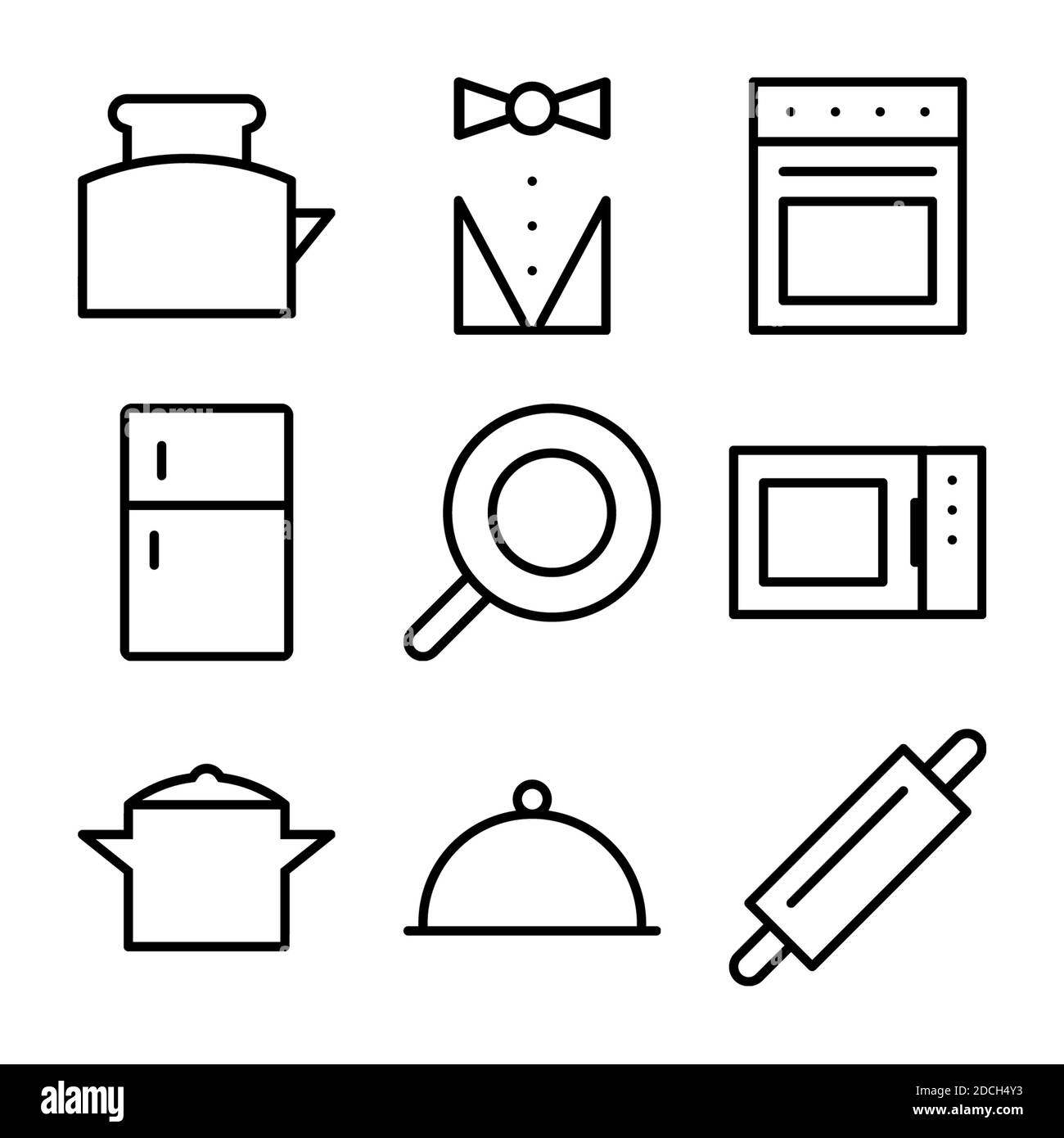 Line Icons Salver Toaster Kellner Kochtopf Kühlschrank Kochen Stockfoto