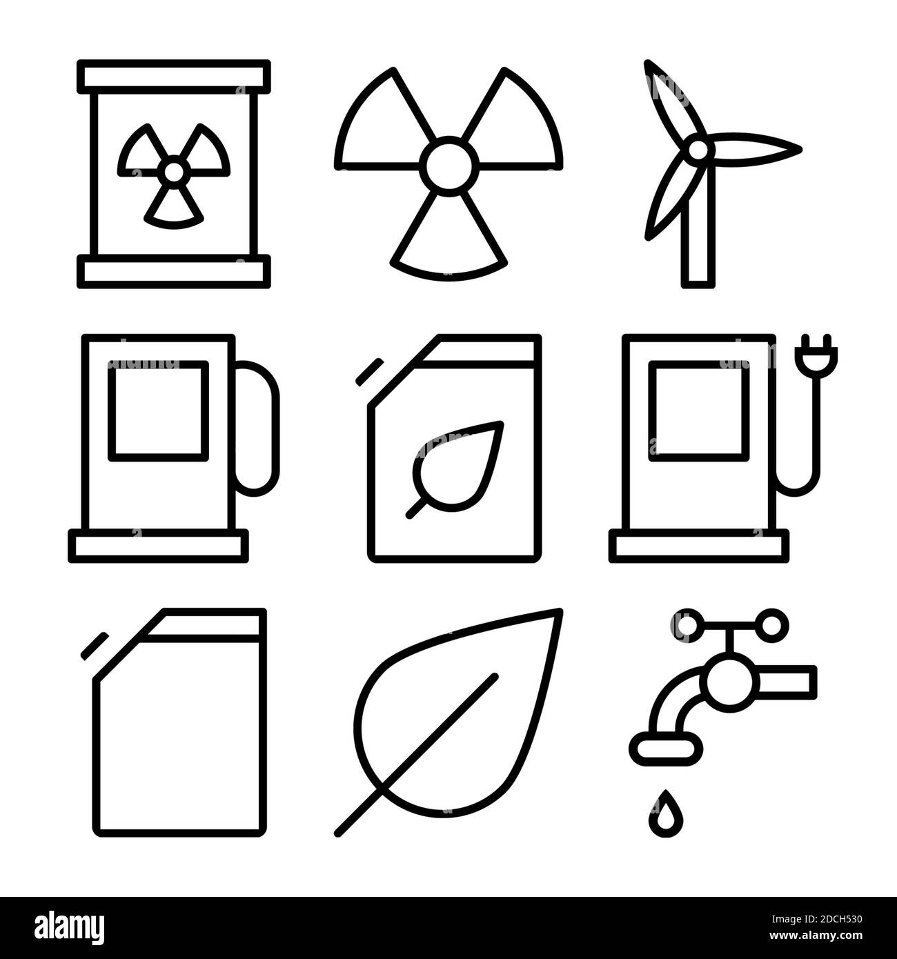Liniensymbole Symbole Turbine Windstrahlung Blatt Jerry kann Gas Station Blume Wasserhahn Ökologie Stockfoto