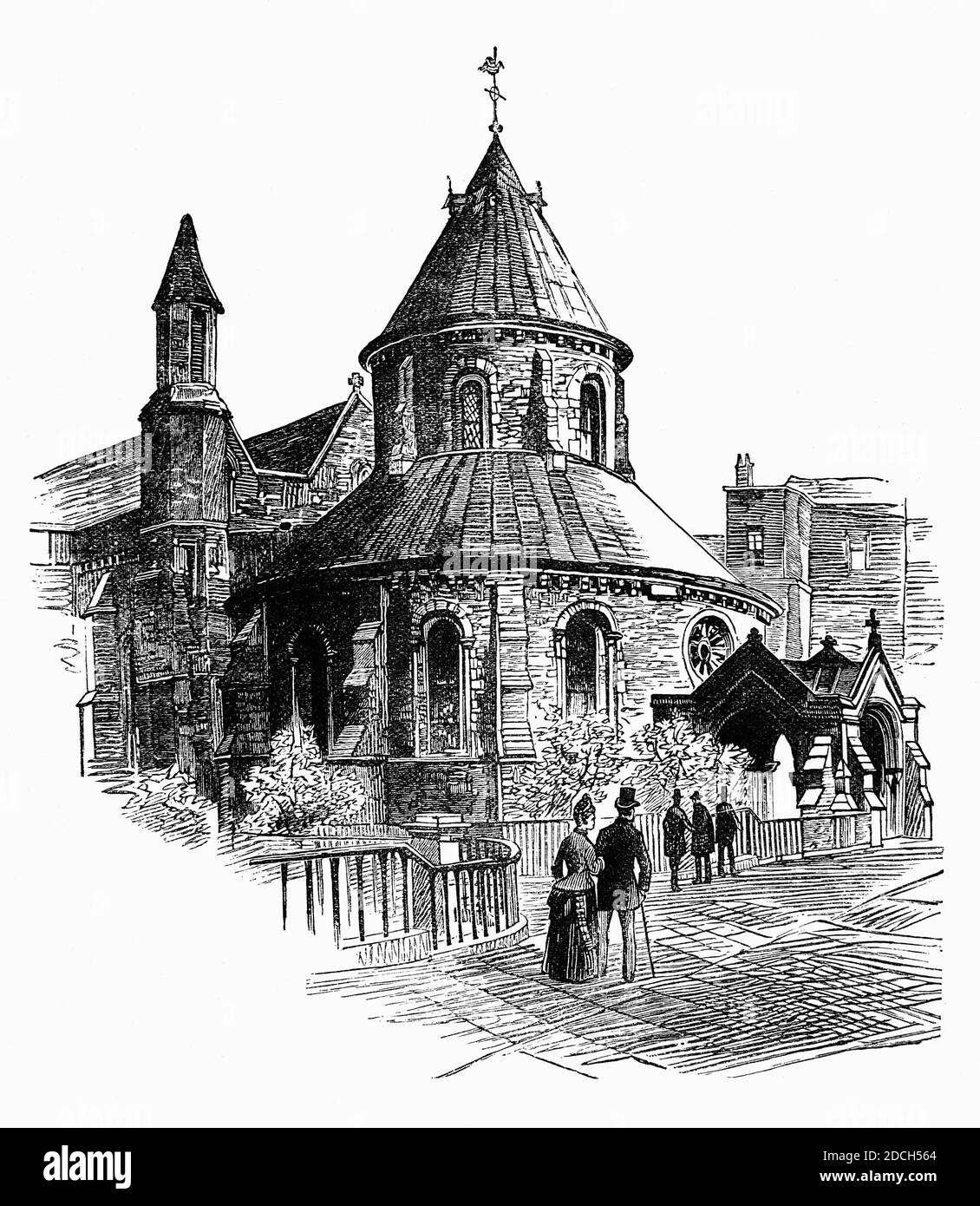 Ein Blick aus dem 19. Jahrhundert auf die Temple Church, eine Royal eigentümliche Kirche in der City of London zwischen Fleet Street und der Themse. Die von den Tempelrittern als englisches Hauptquartier erbaute Rundkirche, ein gemeinsames Design für Tempelritterkirchen, wurde 1185 vom Patriarchen Heraklius von Jerusalem geweiht. Es ist jetzt gemeinsam im Besitz der Inner Temple und Middle Temple Inns of Court, Grundlagen der englischen Rechtsberuf. Stockfoto