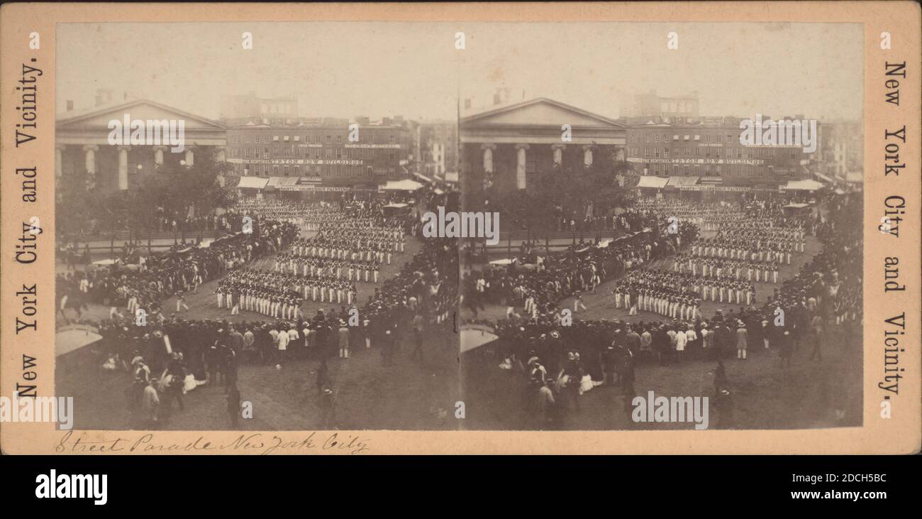 Street Parade, New York City., 1860, New York (Staat), New York (N.Y.), Manhattan (New York, N.Y.), Park Row (New York, N.Y.), City Hall Park (New York, N.Y.) Stockfoto
