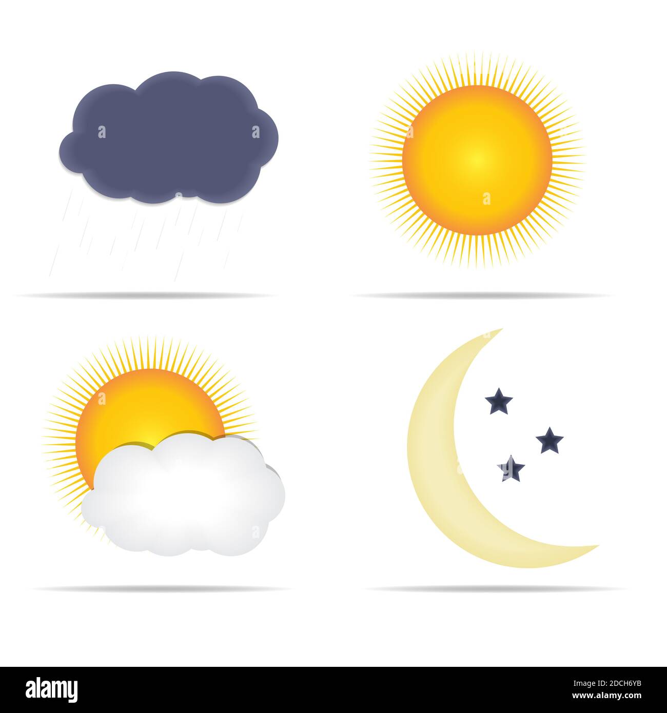 Wettersymbole mit Sonne, Wolke, Regen und Mond Illustration Stockfoto