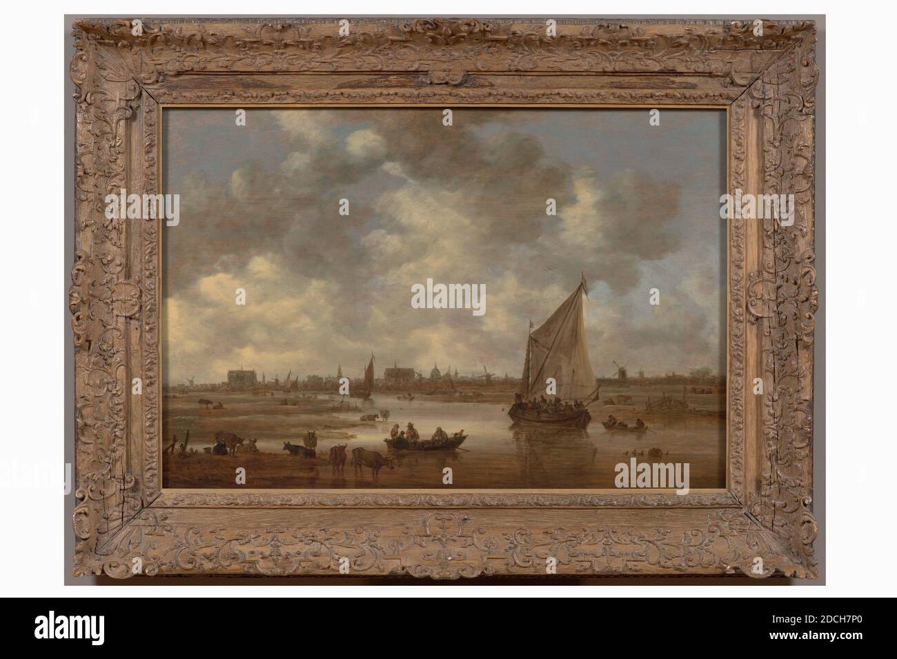 Gemälde, Jan van Goyen, 1650, Signaturfront, auf dem Schwert des großen Segelschiffs: VG 1650, Tafel, Ölfarbe, lackiert, Gesamtmaße nach Katalog 1983: 66.5 × 97,5cm 665 × 975mm, mit Rahmen: 94 × 124 , 5 × 10,5cm 940 × 1245 × 105mm, Kuh, Kirche, Windmühle, Ruderboot, Wasseroberfläche, Segelschiff, Frau, Stadtbild, Mann, Kind, Blei, Malerei zeigt einen Bauernhof in Voorschoten. Der Hof ist auf der rechten Seite dargestellt. Auf der linken Seite hinter dem Bauernhof, in der Mitte der Szene, ein Heu zu sehen ist. Auf dem Hof gibt es mehrere Bäume in der Wiesenlandschaft. Signiert unten rechts. Das Gemälde ist Stockfoto