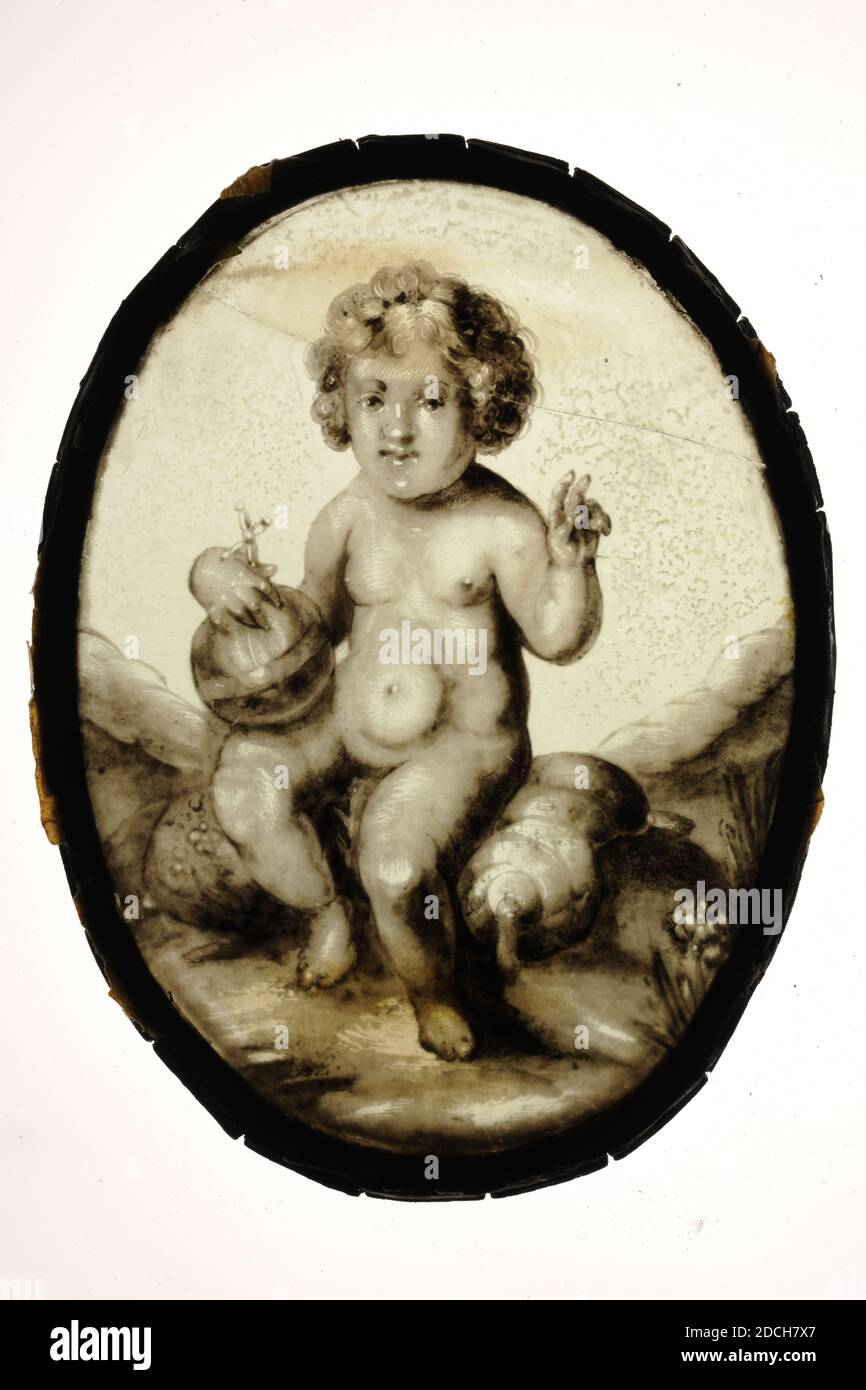 Glasscheibe, Anonym, c. 1600, Glas, Blei, Allgemein: 21.5 x 16cm 215 x 160mm, christus, Kind, Ovale Glasscheibe mit dem gebeizten Bild eines segnenden Christuskindes. Das Christuskind wird sitzend, in voller Länge dargestellt, nach vorne gerichtet und auf den Betrachter blickend. In der linken Hand hält er einen Globus mit einem Kreuz und in der rechten Hand hält er zwei Finger hoch. Bild in Grisaille, in einem Bleirahmen. Auf dem Rahmen ist unten geschrieben, sagt Christus Kind ± 1600, 1970 Stockfoto