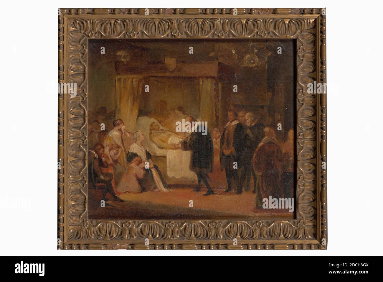 Malerei, Alexander Hugo Bakker Korff, c. 1850, Tafel, Ölfarbe, Papier, bemalt, Träger: 26.1 × 30.2 × 0.3cm 261 × 302 × 3mm, mit Rahmen: 33.7 × 37.2 × 2 , 5cm 337 × 372 × 25mm, Frau, Mann, Innenraum, Kind, Gemälde, das Totenbett von Friedrich Henry, umgeben von Familie und Freunden. Links ist ein Bett, in dem die Hälfte unter einer Decke liegt, Frederik Hendrik. Neben ihm am Bett ist ein Mann, der die rechte Hand des Sterbenden mit der linken Hand hält. Im Raum links sind eine Reihe von Personen abgebildet, darunter eine stehende Frau mit einem Taschentuch in der linken Hand, ein sitzender Mann und Stockfoto