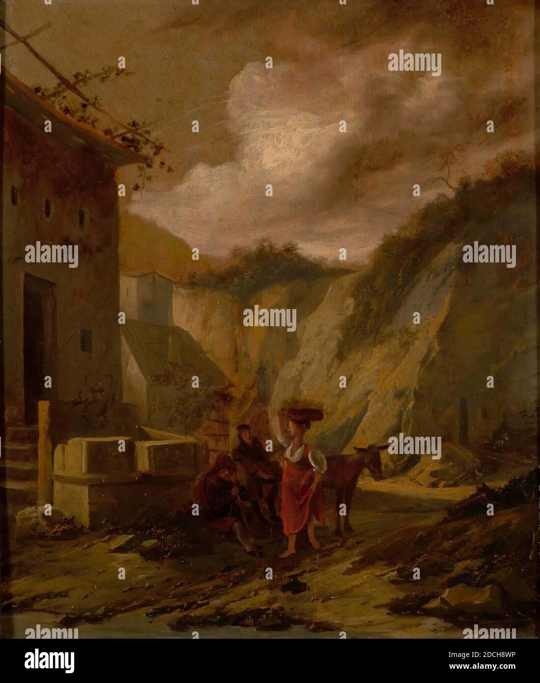Malerei, Anonym, c. 1675, Unterschrift vorne, unten rechts, auf dem Stein: FVS [unklar], Tafel, Ölfarbe, bemalt, Träger: 38.4 × 32.4 × 0,5cm 384 × 324 × 5mm, mit Rahmen: 59 , 5 × 53,8 × 4,5cm 595 × 538 × 45mm, Landschaft, Esel, Frau, Mann, Gemälde, das eine italienische Landschaft darstellt. Vor einem Haus, mit einem Brunnen auf der linken Seite, sitzt ein Mann mit einem Stock in beiden Händen. Eine Frau mit einem Korb auf dem Kopf nähert sich von rechts. Mit der rechten Hand hält sie den Korb und mit der linken hält sie ihre Kleider hoch. Zwischen ihnen ist ein Mann sichtbar, der eine Last auf einen Esel legen wird Stockfoto
