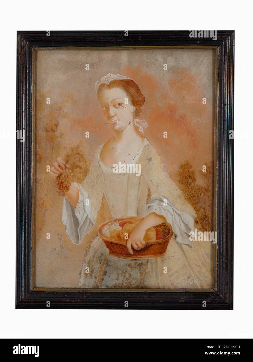 Malerei, Anonym, c. 1775, Glas, Farbe, hinteres Glasgemälde, Träger: 31.7 × 24 × 0,5cm 317 × 240 × 5mm, mit Rahmen: 35.8 × 28 × 2,3cm 358 × 280 × 23mm, Frauenportrait, Gemälde erhalten durch hinteres Glasgemälde. Das Porträt ist von einer unbekannten Frau. Sie wird als Halbfigur dargestellt, stehend, nach links gerichtet und auf den Betrachter blickend. Sie hält einen Obstkorb in der linken Hand und einen Weintraubenstrauß in der rechten Hand. Sie trägt eine Spitzenmütze und einen niedrig geschnittenen Rock mit einer engen Zwangsjacke. Nicht signiert. Das Gemälde ist in einem Holzrahmen, 1888 Stockfoto