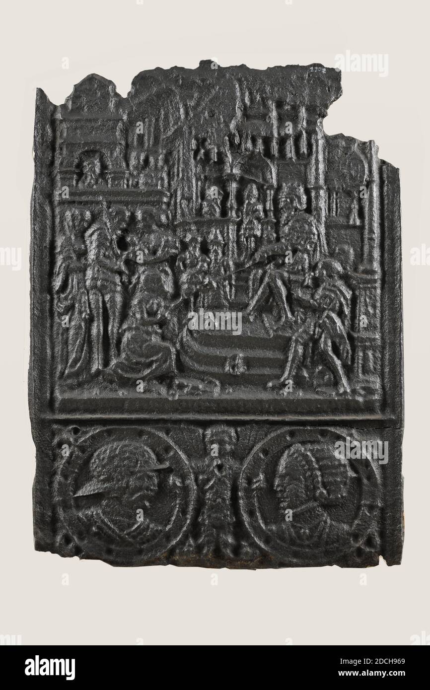 Herdplatte, Anonymous, 16. Jahrhundert, gegossen, Allgemein: 67 x 41 x 1.5cm 670 x 410 x 15mm, biblische Darstellung, Engel, Frau, Mann, Eisenherdplatte mit der biblischen Darstellung von Salomos Urteil 1 Kon. 3 im Vergleich zu 16-28. Salomo ist auf der rechten Seite dargestellt, sitzend auf einem Thron. Vor ihm auf der linken Seite ist eine knieende Frau. Mehrere andere Figuren sind mit ihnen zu sehen. Darunter befinden sich zwei Medaillons mit einer männlichen Büste und einer weiblichen Büste, getrennt durch eine Engelsfigur. Die Herdplatte ist rechteckig, 1912 Stockfoto