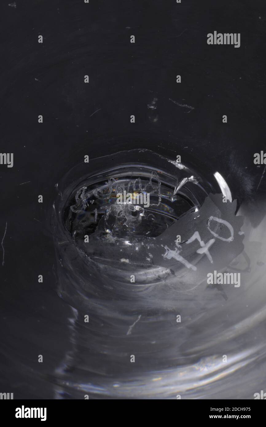 Kelch, 1758, allgemein: 19.2 x 8,4cm 192 x 84mm, Basisdurchmesser: 8,4cm / Durchmesser Kelch: 8,4cm, Stadtwappen, Wappen, Kelch aus farblosen Glas. Der Kelch hat eine aufsteigende Basis und einen Stiel mit einem Fußpunkt und einem balusterförmigen Knoten, in dem neun doppelte Luftblasen und eine einzelne Luftblase. Oben Knopf und Kragen mit Luftblase. Auf der Kelchwand wurde ein Bild des mit Löwen bedeckten und kronenbedeckten Wappens Hollands in Rokoko-Kartusche gebohrt. Gegenüber dem Wappen von Leiden, ebenfalls von Löwen gehalten und von einer Krone bedeckt und in einer Rokoko-Kartusche montiert, 1874 Stockfoto