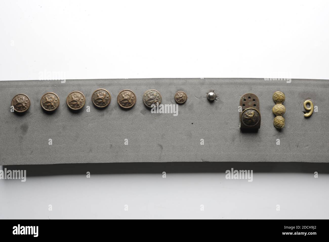 Zwischen 1830-1945, Sammlung von Knöpfen mit Löwen, einer Kugel, einem Kupplungshaken, einem Stift und einem Teil, gefunden beim Abriss der Morschpoort-Kaserne, 2005 Stockfoto