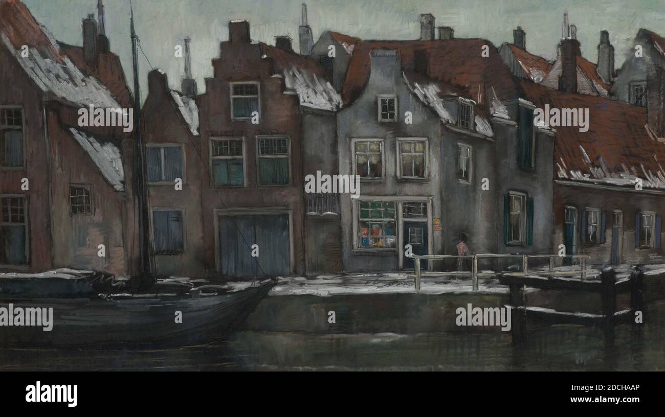 Zeichnung, Anthony Coert, 4. Viertel 19. - 1. Hälfte 20. Jahrhundert, Kreide, Karton, signiert, Träger: 73 × 115 × 0,2cm 730 × 1150 × 2mm, mit Rahmen: 103.5 × 145.6 × 2.5cm 1035 × 1456 × 25mm, Winterlandschaft, Graben, Haus, Boot, Stadtbild, Mensch, Zeichnung in farbiger Kreide, die eine topografische Fantasie zeigt, die vom Stadtbild von Leiden mit tauendem Schnee inspiriert ist. Der Kanal verläuft im Vordergrund. Im Wasser des Kanals befindet sich ein Boot auf der linken Seite. Auf dem Wasser liegen Häuser, deren Dächer hier und da noch mit Schnee bedeckt sind. Es gibt auch Schnee auf der Straße. Rechts geht ein Mann in der Nähe von A Stockfoto
