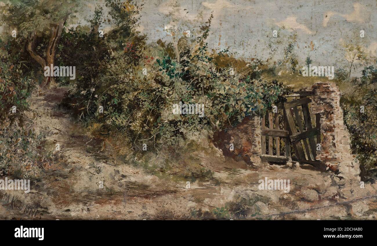 Malerei, Menso Kamerlingh Onnes, 1882, Signatur vorne, unten links: M.K. Onnes '82, Tafel, Ölfarbe, bemalt, Träger: 23.7 × 38.5 × 1,5 cm 237 × 385 × 15 mm, mit Rahmen: 30.5 × 45.5 × 2,8 cm 305 × 455 × 28 mm, Dünenlandschaft , Malerei, die eine Landschaft auf Capri darstellt. Abgebildet ist eine Dünenlandschaft mit im Vordergrund eine Höhe mit einem Zaun rechts neben einer Steinmauer. Gräser und Sträucher wachsen auf der Düne. Signiert unten links. Malerei ist in einem Holzrahmen, 1971 Stockfoto