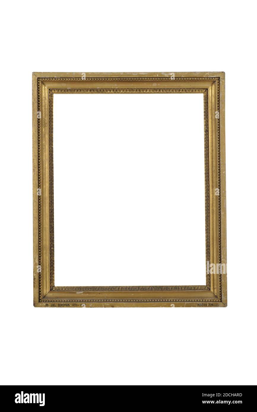 Bilderrahmen, Anonymous, erste Hälfte des 19. Jahrhunderts, Holz, Gips, Vergoldung, vergoldet, Bilderrahmen mit glatter Außenkante, Perlkante, Hohlkante und schließlich Palmkante. Unten links in der Außenkante: 80. Jac. Dursman. 1776-1832, unten rechts ist KOZAKKEN, Allgemein: 43.7 x 35.7 x 3,3 cm 437 x 357 x 33 mm, Innengröße: 37.7 x 29,9 cm 377 x 299 mm, Tagesgröße: 35.7 x 28,2 cm 357 x 282 mm Stockfoto