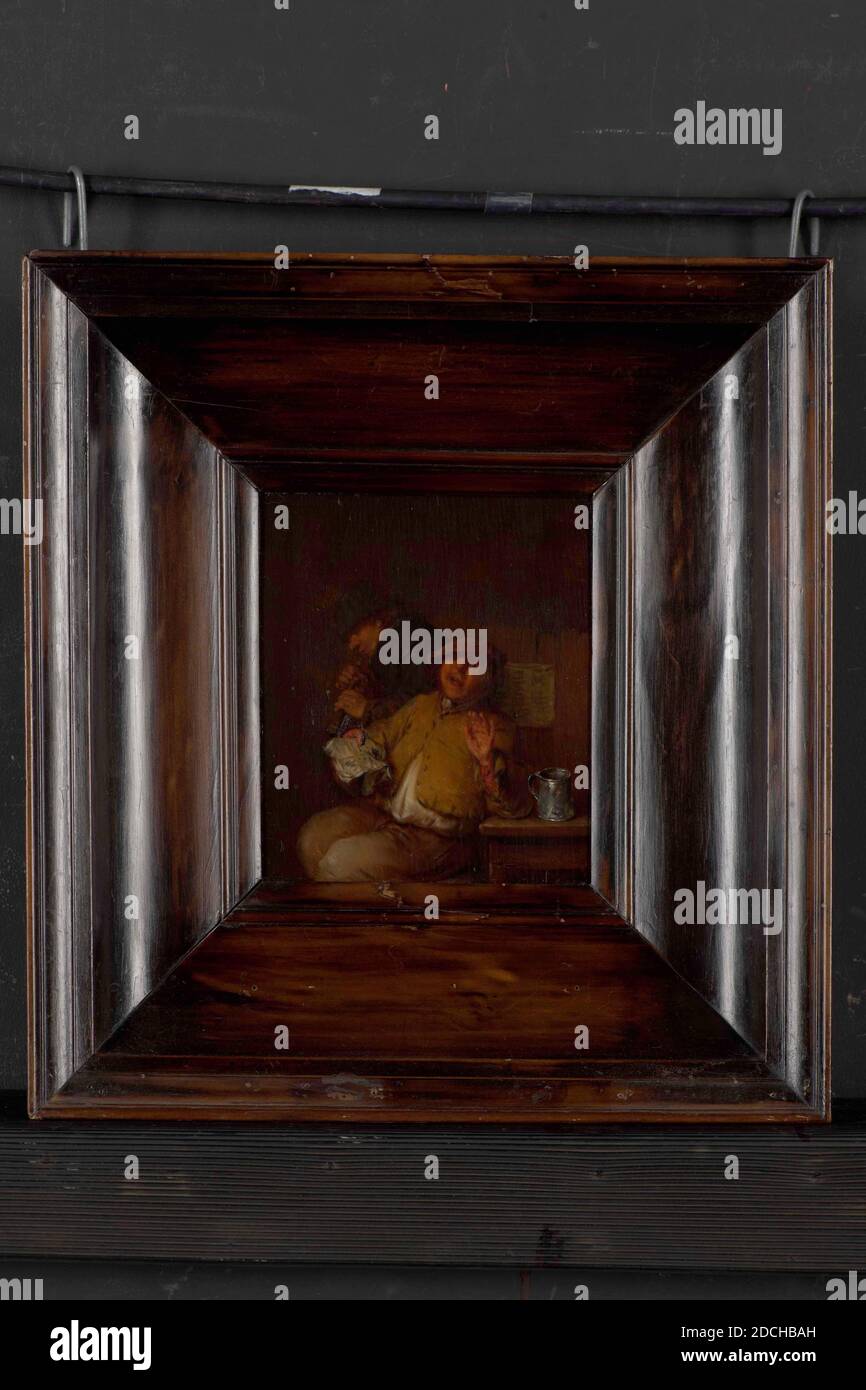 Gemälde, Egbert van Heemskerck (I), zweite Hälfte 17. Jahrhundert, Tafel, Ölfarbe, bemalt, Träger: 16 × 13.7 × 0,5cm (160 × 137 × 5mm), mit Rahmen: 35 × 32 , 5 × 5cm (350 × 325 × 50mm), Musik machen, Genre, Landwirt, Interieur, Malerei zeigt zwei Musiker, die Musik in einem Gasthaus machen. Ein singender Bauer sitzt an einem Tisch mit einem Zinnbecher neben ihm auf dem Tisch. Er hält seine linke Hand hoch und hält ein Stück Papier in seiner rechten Hand. Hinter ihm ist ein weiterer Bauer mit Flöte oder Klarinette. Rechts ein Schuss, an dem ein Papier befestigt ist. Nicht signiert. Das Gemälde ist in einem Holzrahmen. Auf der Rückseite von Stockfoto