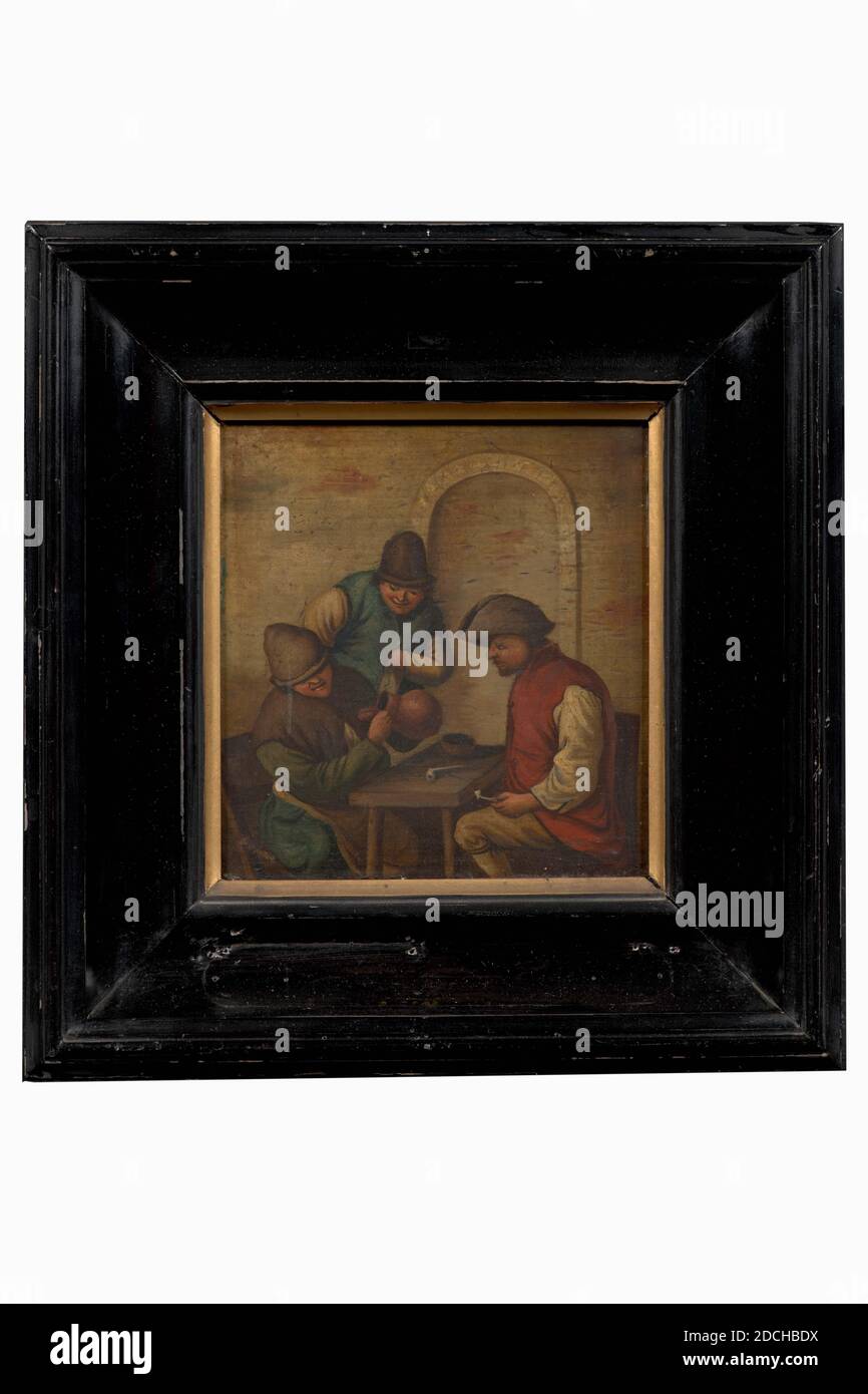 Gemälde, Anonymous, 18. Jahrhundert, Unterschrift vorne, unten rechts: IS, Tafel, Ölfarbe, bemalt, Träger: 15.7 × 14.7 × 0,5cm 157 × 147 × 5mm, mit Rahmen: 28.1 × 27 × 3,3cm 281 × 270 × 33mm, Trinken, Bauer, Innenraum, Malerei, die ein Interieur mit drei Bauern. Vor einer flachen Wand, mit einem Bogen nach rechts, sitzen auf beiden Seiten eines Tisches, sichtbar auf den Knien, zwei Buben und ein dritter stehend leicht zurück zwischen ihnen. Der Bauer auf der linken Seite, wie der stehende Bauer, trägt eine Mütze und schaut in ein Glas. Der dritte Bauer trägt einen Hut und hält eine Pfeife in der linken Hand. Unterer Unterteil mit Unterschrift Stockfoto
