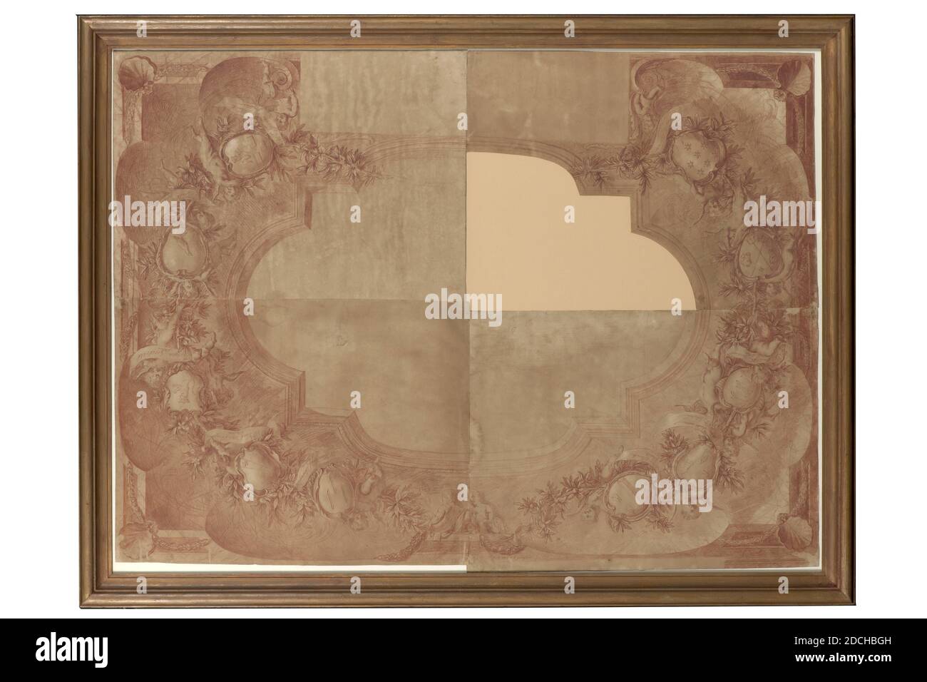 Augustinus Terwest, c. 1687, Kreide, Papier, signiert, Träger: 100.5 × 135cm (1005 × 1350mm), mit Rahmen: 106 × 139.5 × 3.5cm (1060 × 1395 × 35mm ), Putto, Wappen, Entwurf für die Einrahmung des Deckenstücks im Hof des Rathauses, bestehend aus vier Blättern passendem Papier mit roter Kreide. Um die zentrale Ebene, die für die Allegorie der Gerechtigkeit bestimmt ist, tragen die Putten das durch Lorbeeren verbundene Familienwappen mit Bildunterschriften des Sheriffs Dr. Joh. Van der Marck, der Ratsherrn Simon Vliedthoren, Dr. Cron. Van Groenenveldt, Herr Jac. Aus Marcken, Herr Joh. Eleman, Herr Theod. Schrevelius, Nic. Van Stockfoto