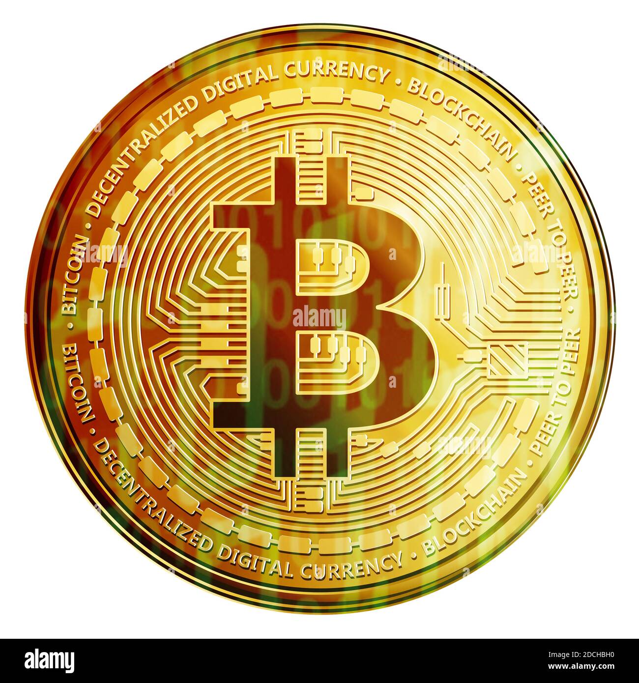 Bitcoin Münze mit Binär Code isoliert auf weiß Stockfotografie - Alamy