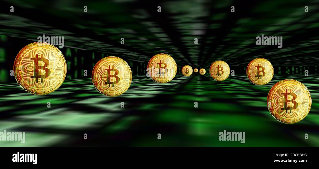 Binär Code Hintergrund mit Bitcoins Stockfoto