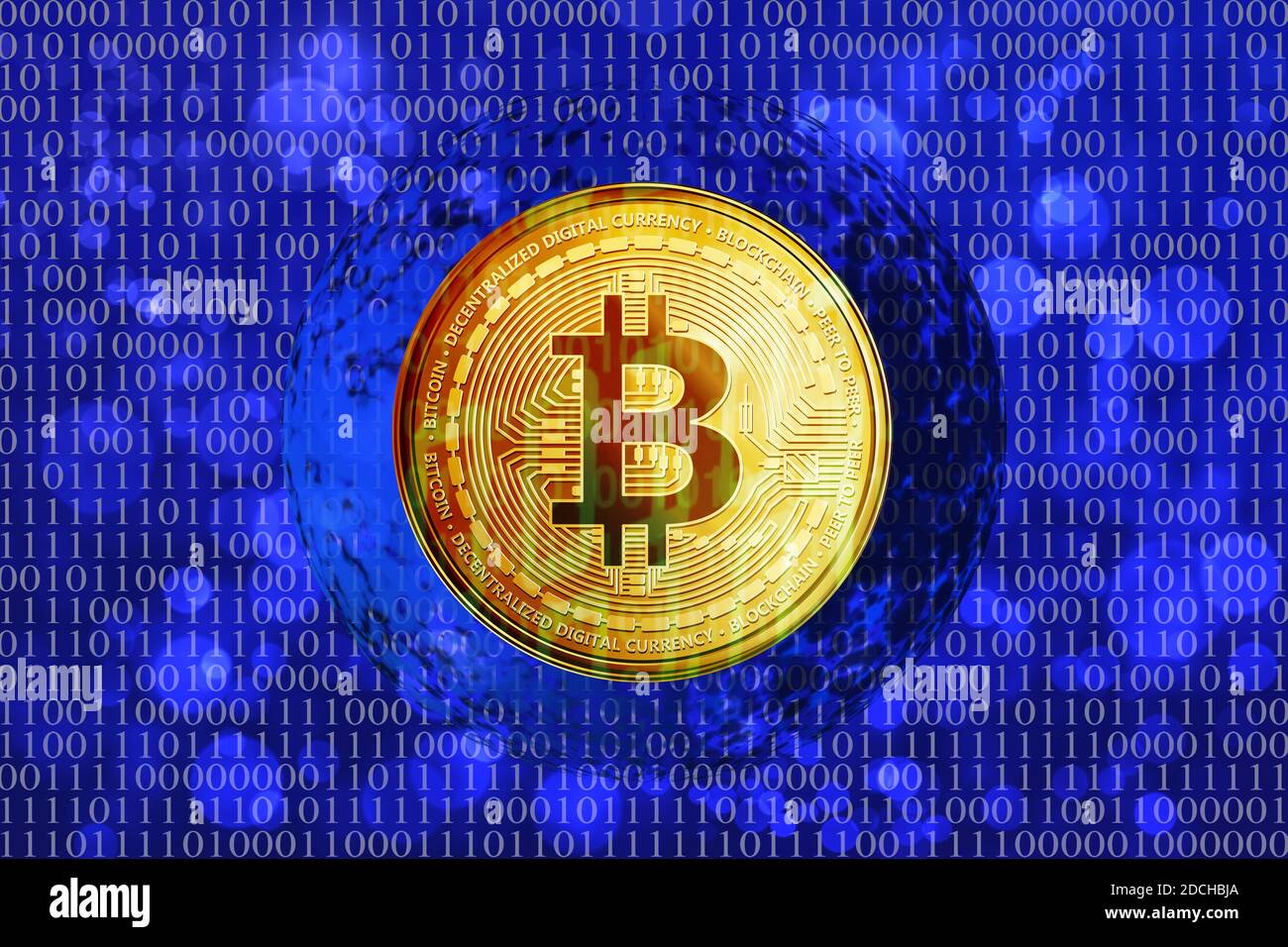 Binär Code Hintergrund mit Bitcoins Stockfoto