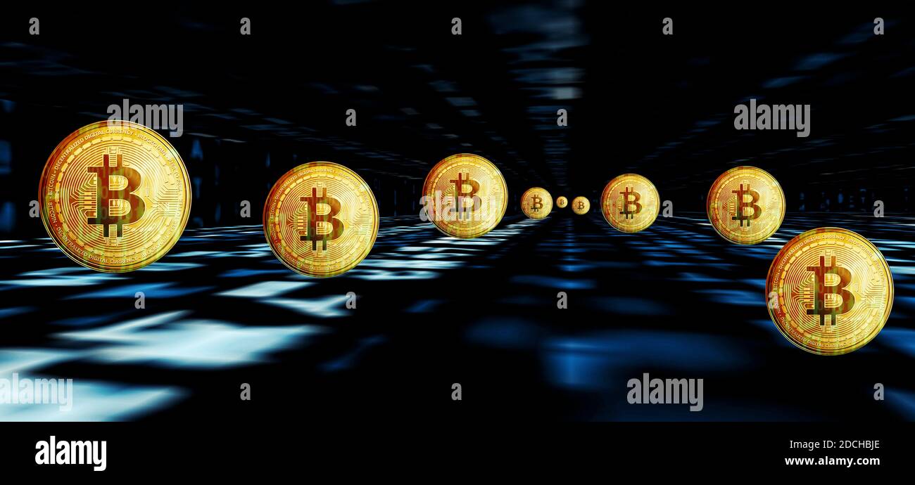 Binär Code Hintergrund mit Bitcoins Stockfoto