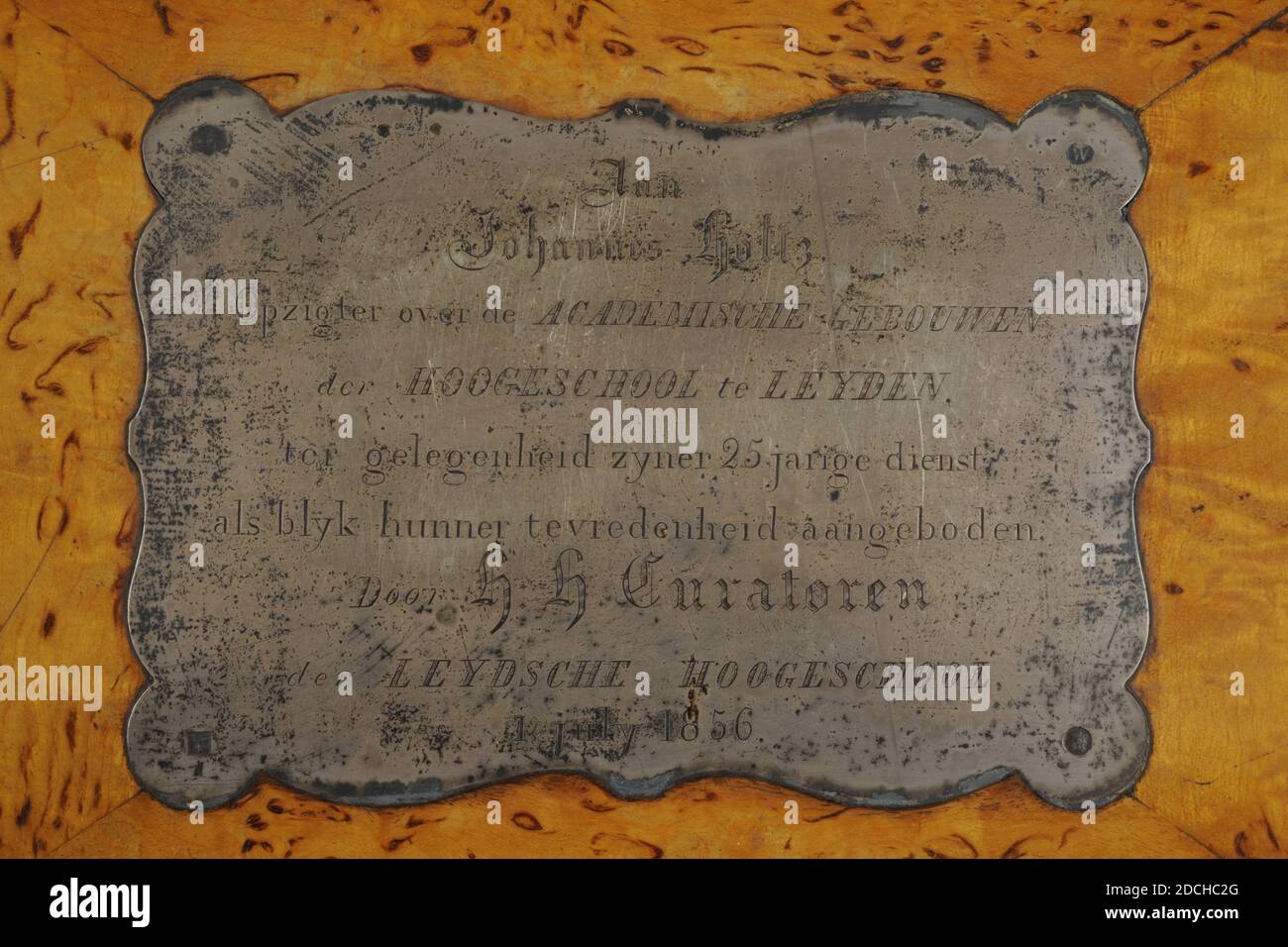 Anonym, 1856, Knochen, Samt, Holz, Farbe, Silber, graviert, Allgemein: 7.3 x 23.5 x 23,5cm (73 x 235 x 23mm), rechteckige Holzkiste mit zwei Schubladen. Die Box hat zwei silberne Scharniere und ein silbernes Schloss, leider ist der Schlüssel kaputt. Die Außenseite ist mit verschiedenen Holzarten furniert und die Innenseite des Deckels und der oberen Schublade sind mit blauem Samt bedeckt. Auf dem Deckel eine silberne Platte mit dem eingravierten Text: An Johannes Holtz, Opzigter über die AKADEMISCHEN GEBÄUDE des GYMNASIUMS in LEYDEN, anlässlich seiner 25 Jahre Dienst als Blyk ihrer Zufriedenheit, angeboten von S.H. Kuratoren von Stockfoto