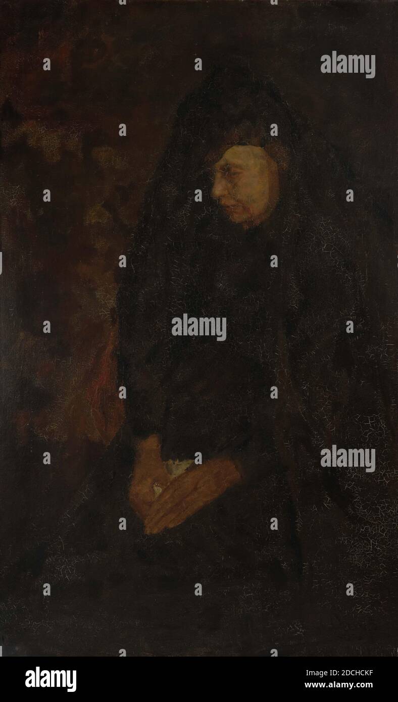 Malerei, Menso Kamerlingh Onnes, c. 1890, Unterschrift vorne, unten rechts: M, Leinwand, Ölfarbe, bemalt, Träger: 159 × 99 × 2.5cm 1590 × 990 × 25mm, mit Rahmen: 184.5 × 118 × 6cm 1845 × 1180 × 60mm, Frauenporträt, Frauenporträt: Anna Gerdina Coers, die Mutter des Malers, im fortgeschrittenen Alter. Sie ist bis auf die Knie abgebildet, fast ganz nach links gedreht und schaut nach unten. Sie hält ein Taschentuch in der rechten Hand und legt es links auf ihren Schoß. Sie trägt einen schwarzen Schleier über ihrem Kopf und ist in eine schwarze Robe gekleidet. Sie wird vor einem dunklen Hintergrund gezeigt. Unterer Unterteil mit Unterschrift Stockfoto