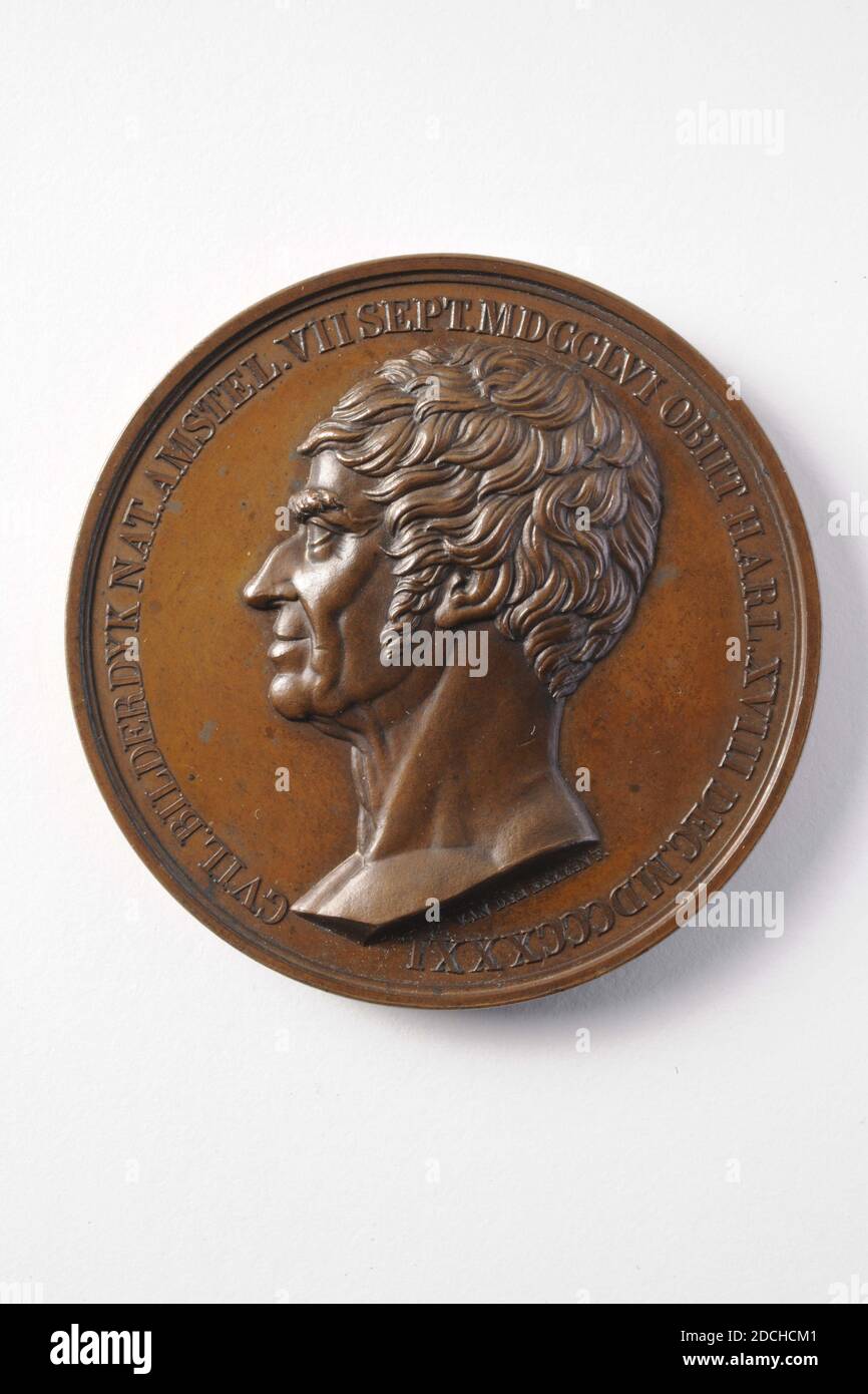 Medaille, David van der Kellen II, 1834, geprägt, Allgemein: 5.3 x 0,3cm (53 x 3mm), Gewicht: 51.5g, Männerportrait, Kopf, Silbermedaille, geprägt zu Ehren von Willem Bilderdijk, 1834. Auf der Vorderseite zeigt ein Kopf einer Männerfigur, Bilderdijk, im Profil und nach links gerichtet. Unter der Überschrift ist die Inschrift VAN DER KELLEN F .. Um diesen herum ist das kreisförmige GVIL. BILDYK. NASS. AMSTEL. SEPT. MDCCLVI OBIIT HARL. XVIII. DEZ. MDCCCXXXI. Auf der Rückseite befindet sich ein Lorbeerkranz mit einem Bogen in der unteren Mitte, mit der Aufschrift SECVLI SVI DECVS, 1892 Stockfoto