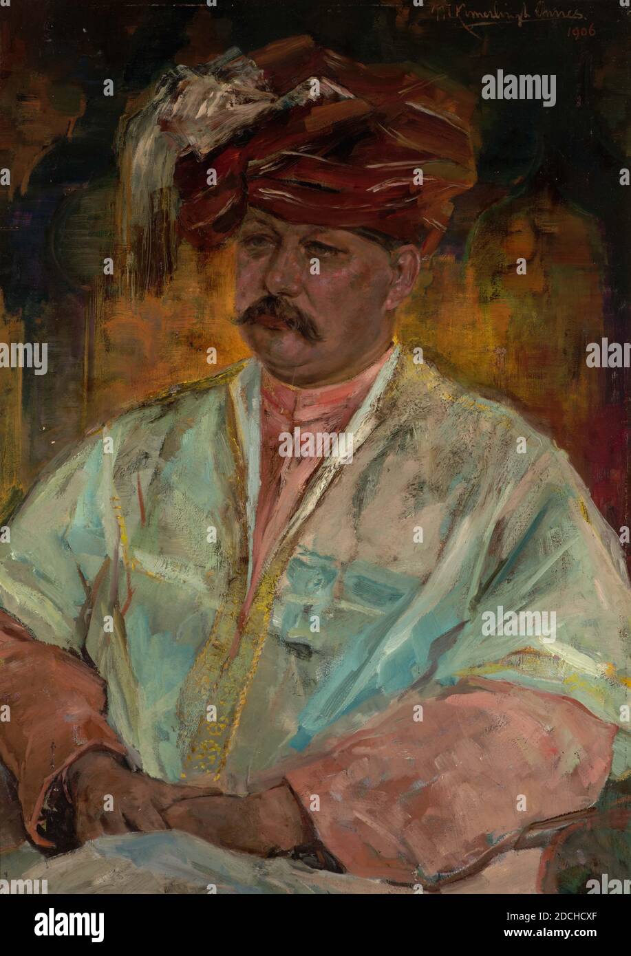 Malerei, Menso Kamerlingh Onnes, 1906, Signatur vorne, oben rechts: M. Kamerlingh Onnes. 1906, Leinwand, Ölfarbe, bemalt, Träger: 99.8 × 71.5 × 2cm (998 × 715 × 20mm), mit Rahmen: 110 × 82 × 4cm (1100 × 820 × 40mm) , Männerporträt, Porträt von Adolf Johan Onnes, Bruder des Malers. Er wird auf die Knie gestellt, ein wenig nach links gedreht und ein wenig nach links geschaut. Er sitzt in einem Sessel mit gefalteten Händen auf seinem Schoß und trägt einen langen Knebel. Er ist in ein orientalisches Kostüm gekleidet: Auf seinem Kopf ein lila Turban mit weißem Fransen auf der linken Seite und ein rosa Hemd mit einem Stockfoto