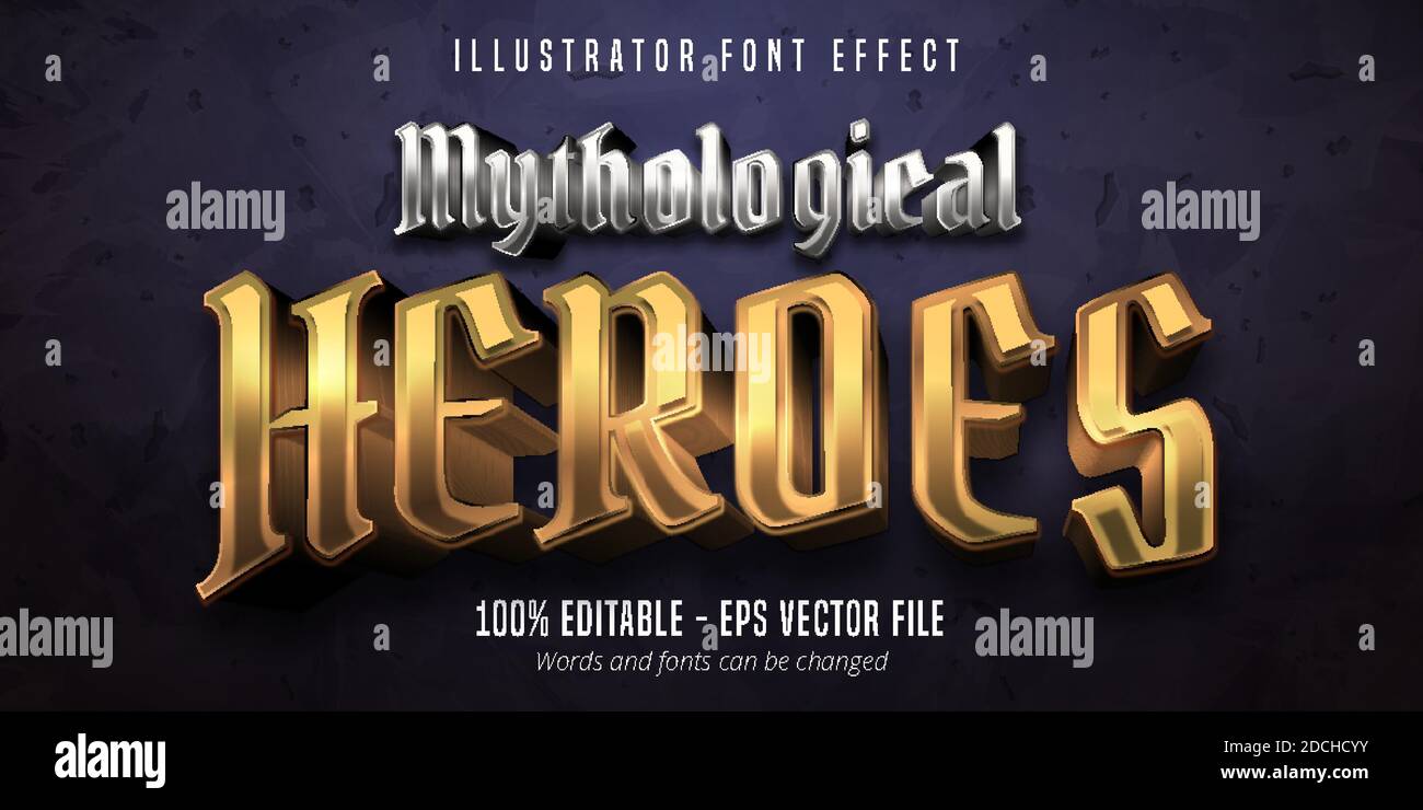 Mytological Heroes Text, 3d Gold und Silber Metallic Stil editierbare Schrift-Effekt Stock Vektor