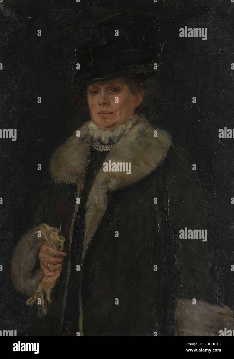 Gemälde, Menso Kamerlingh Onnes, 1918, Signatur vorne, oben rechts: Menso Kamerlingh Onnes 1918, Leinwand, Ölfarbe, bemalt, Träger: 100.5 × 73 × 2cm (1005 × 730 × 20mm), mit Rahmen: 134.5 105 × 10,5cm (1345 × 1050 × 105mm), Frauenporträt, Porträt von Catharina Augusta Kamerlingh Onnes-Tutein Nolthenius, Ehefrau des Malers. Sie wird als Halbfigur dargestellt, dreiviertel nach links gedreht und schaut auf den Betrachter. Sie hält ein Paar Handschuhe in der rechten Hand gegen die Seite gedrückt. Sie trägt einen schwarzen Hut auf ihrem Kopf. Sie ist in einen offenen dunklen Wintermantel gekleidet, entlang der getrimmt Stockfoto