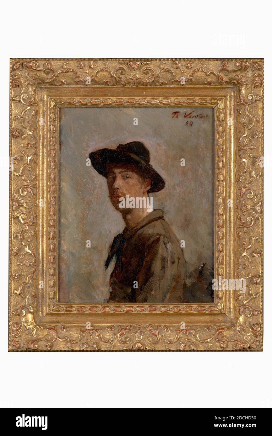 Gemälde, Floris Verster, 1884, Signatur vorne, oben rechts: FL. Verster 84, Tafel, Ölfarbe, Träger: 24.3 × 19,5 cm (243 × 195 mm), mit Rahmen: 36 × 30.3 × 4 cm (360 × 303 × 40 mm), Männerportrait, Porträt des Malers Menso Kamerlingh Onnes. Signiert oben rechts. Der Rahmen ist von einem späteren Datum und mit Studio-Marke 75 AJH 2 und mit Bleistift Inschrift 7520, 2013 Stockfoto