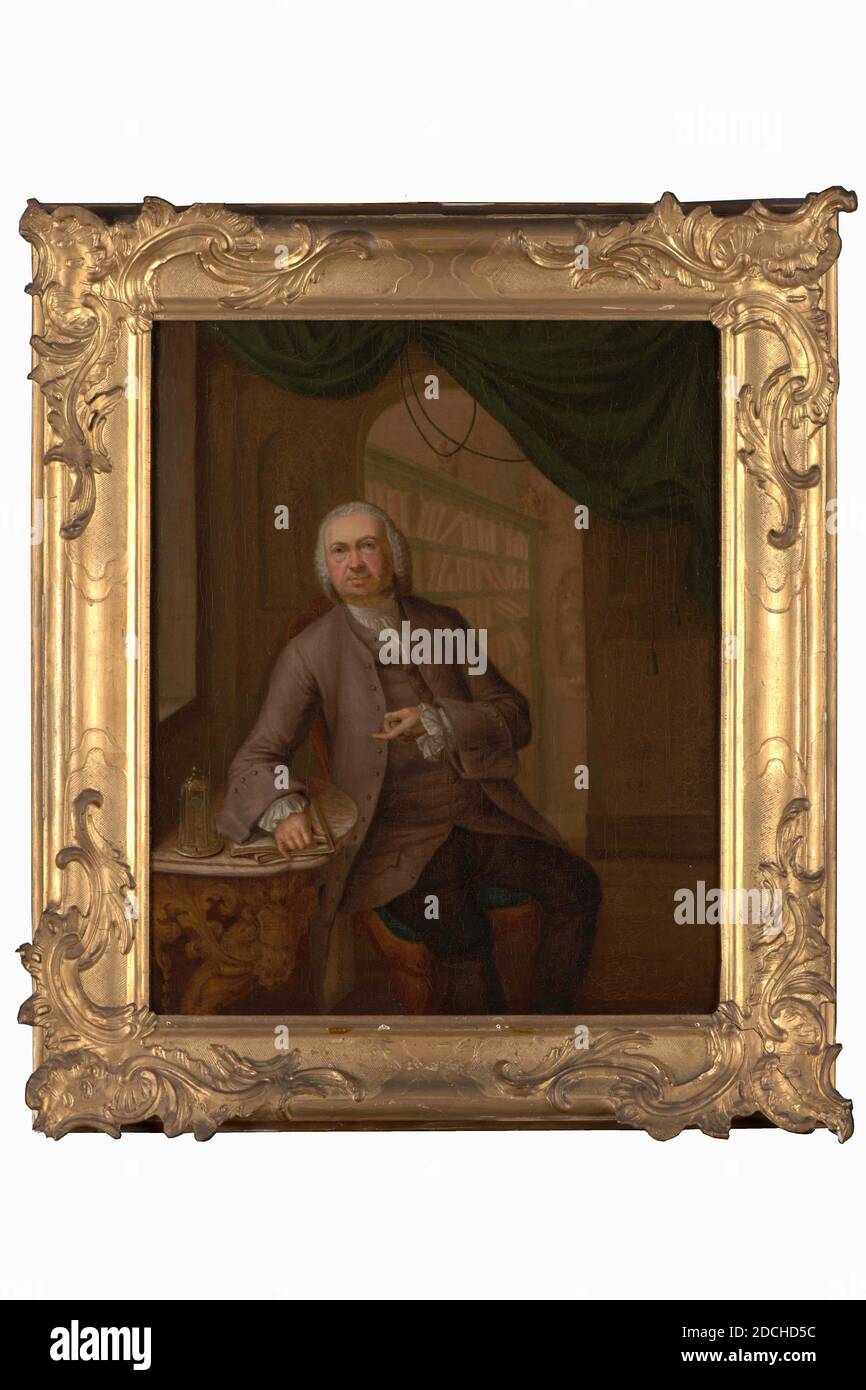 Gemälde, Pieter van Zanten, 1762, Signatur vorne, unten rechts auf Sockel: Zanten Pinx: Æt: 16 Ao 1762, Leinwand, Ölfarbe, bemalt, Träger: 39 × 32 × 1,2cm (390 × 320 × 12mm), mit Rahmen: 51 × 45.5 × 4,6 cm (510 × 455 × 46 mm), Männerportrait, Innenraum, Männerportrait: Dr. Conradus Zumbag de Koesfelt. Er wird als Kniescheibe dargestellt, sitzt nach rechts gedreht, der Kopf nach vorne gerichtet und schaut auf den Betrachter. Er zeigt mit der linken Hand auf eine Uhr, die links von einem Fenster auf einem Stifttisch steht und legt die rechte Hand auf einige geöffnete Bücher, die sich neben der Uhr befinden. Der Tisch hat einen Stockfoto