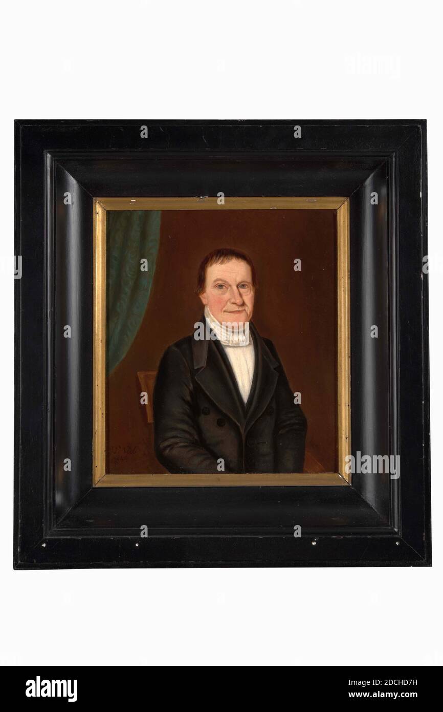 Gemälde, Johann Philippus Neeb, 1845, Signatur vorne, unten links: J.P. Neeb 1845, Platte, Ölfarbe, bemalt, Träger: 27.4 × 24 × 1,4cm (274 × 240 × 14mm), mit Rahmen: 41.2 × 38.5 × 5cm (412 × 385 × 50mm), Porträt eines unbekannten Mannes. Er wird halblang dargestellt, gerade nach vorne und schaut auf den Betrachter. Er trägt einen schwarzen Rock mit einem weißen Hemd und einem weißen Kragen. Links hinter ihm ist ein Teil der Rückseite des Stuhls zu sehen, auf dem er sitzt. Es gibt auch einen grünen Vorhang auf der linken Seite. Es ist vor einem dunklen Hintergrund dargestellt. Signiert unten links. Das Gemälde ist in einem schwarzen Stockfoto