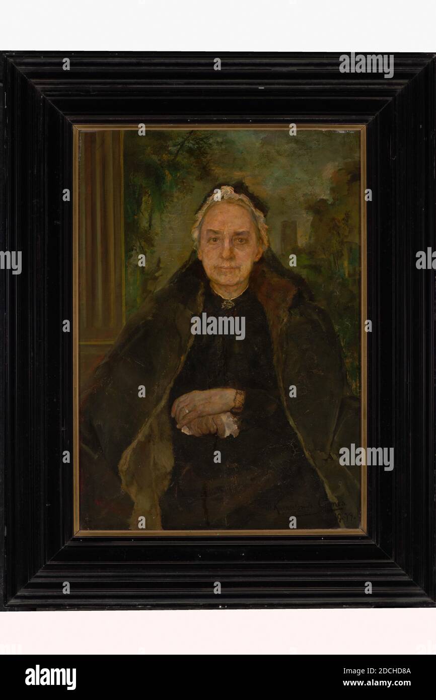 Gemälde, Menso Kamerlingh Onnes, 1899, Signatur vorne, oben rechts: M. Kamerlingh O. 1899, Leinwand, Ölfarbe, bemalt, Träger: 97 × 67 × 2cm (970 × 670 × 20mm), mit Rahmen: 120 × 88.5 × 9cm (1200 × 885 × 90mm), Frauenporträt, Frauenporträt: Elisabeth Tutein Nolthenius-Weymar, die Schwiegermutter des Malers. Sie wird auf den Knien dargestellt, drei Viertel nach links gedreht und nach links schauend. Sie sitzt in einem weiß-grau lackierten Louis XV Sessel. Sie hält einen Brief in ihrer rechten Hand, der auf ihrem Schoß ruht. Sie trägt eine schwarze Robe mit einer pellerine und eine schwarze Haube mit einer weißen Stockfoto