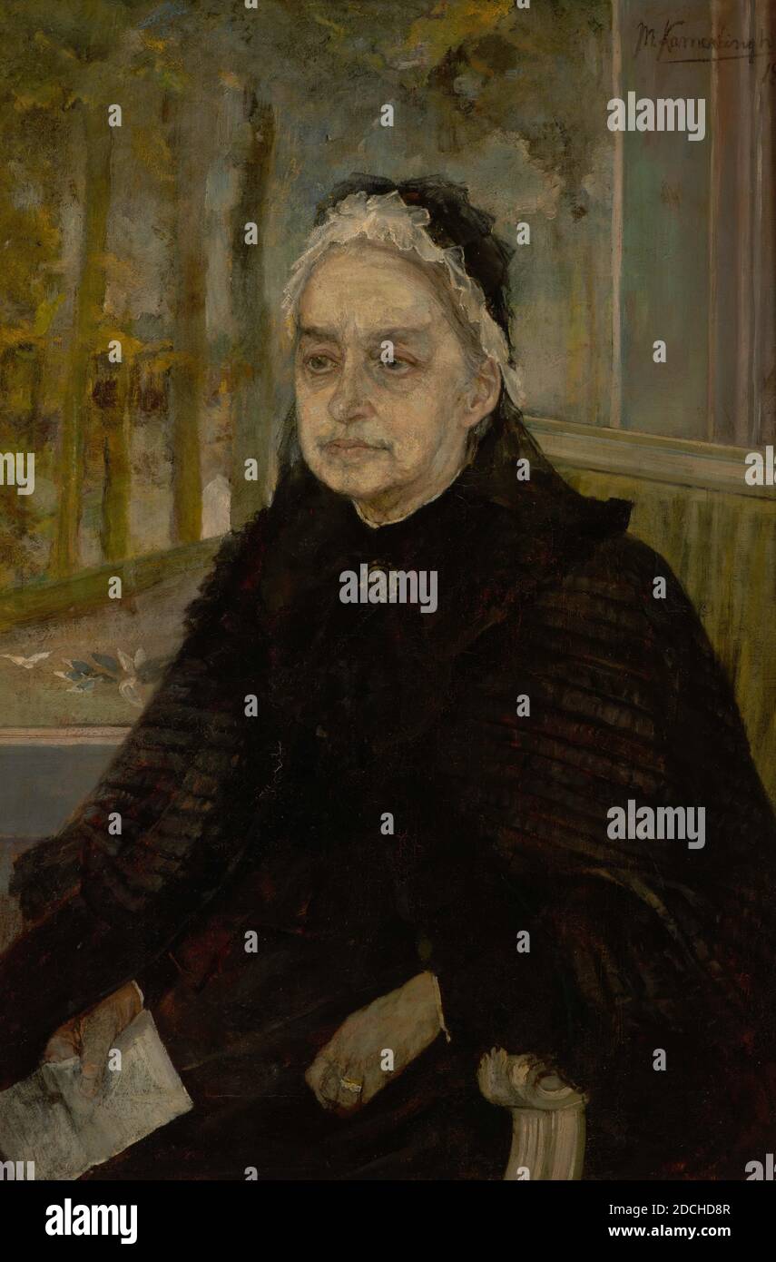 Gemälde, Menso Kamerlingh Onnes, 1897, Signatur vorne, unten rechts: M. Kamerlingh Onnes 1897, Leinwand, Ölfarbe, bemalt, Träger: 99 × 71 × 3cm (990 × 710 × 30mm), mit Rahmen: 134 × 104 , 7 × 8,9cm (1340 × 1047 × 89mm), Frauenporträt, Frauenporträt: Elisabeth Tutein Nolthenius-Weymar, die Schwiegermutter des Malers. Sie wird als Halbfigur dargestellt, direkt von vorne gezeigt und schaut auf den Betrachter. Sie legt die gekreuzten Hände auf ihren Schoß und hält ein Taschentuch in der rechten Hand. Sie trägt einen schwarzen Schleier und eine weiße Mütze, eine schwarze Robe und einen grauen Mantel über dem geschleudert Stockfoto