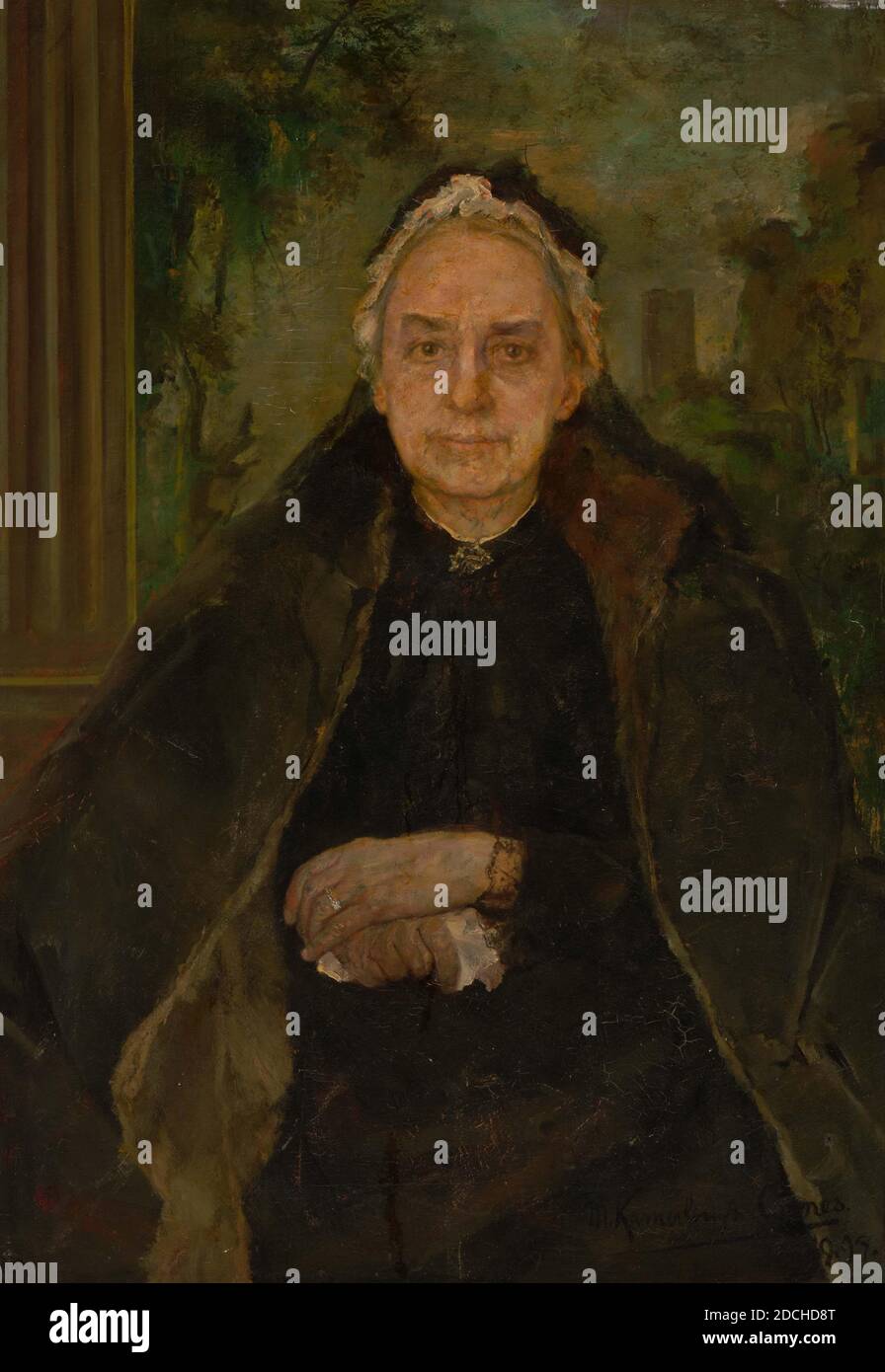 Gemälde, Menso Kamerlingh Onnes, 1897, Signatur vorne, unten rechts: M. Kamerlingh Onnes 1897, Leinwand, Ölfarbe, bemalt, Träger: 99 × 71 × 3cm (990 × 710 × 30mm), mit Rahmen: 134 × 104 , 7 × 8,9cm (1340 × 1047 × 89mm), Frauenporträt, Frauenporträt: Elisabeth Tutein Nolthenius-Weymar, die Schwiegermutter des Malers. Sie wird als Halbfigur dargestellt, direkt von vorne gezeigt und schaut auf den Betrachter. Sie legt die gekreuzten Hände auf ihren Schoß und hält ein Taschentuch in der rechten Hand. Sie trägt einen schwarzen Schleier und eine weiße Mütze, eine schwarze Robe und einen grauen Mantel über dem geschleudert Stockfoto