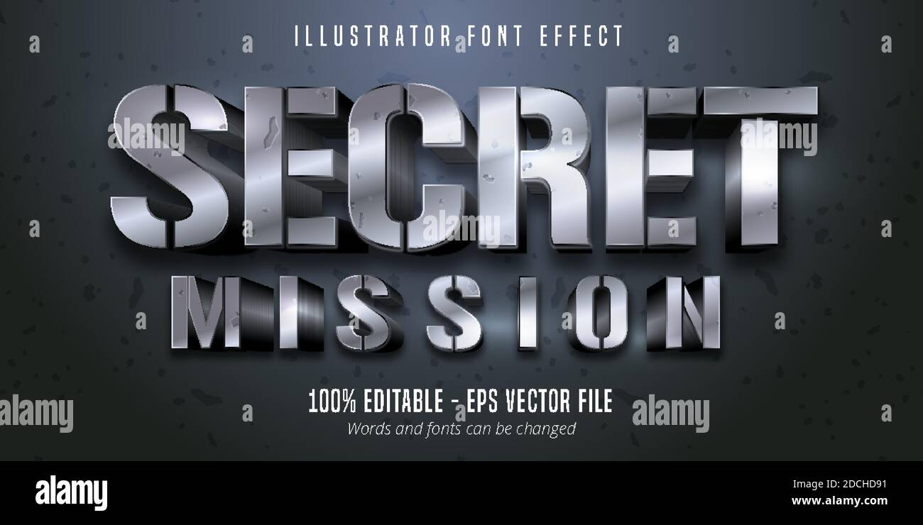 Secret Mission Text, 3d silber metallic Stil editierbare Schrift-Effekt Stock Vektor