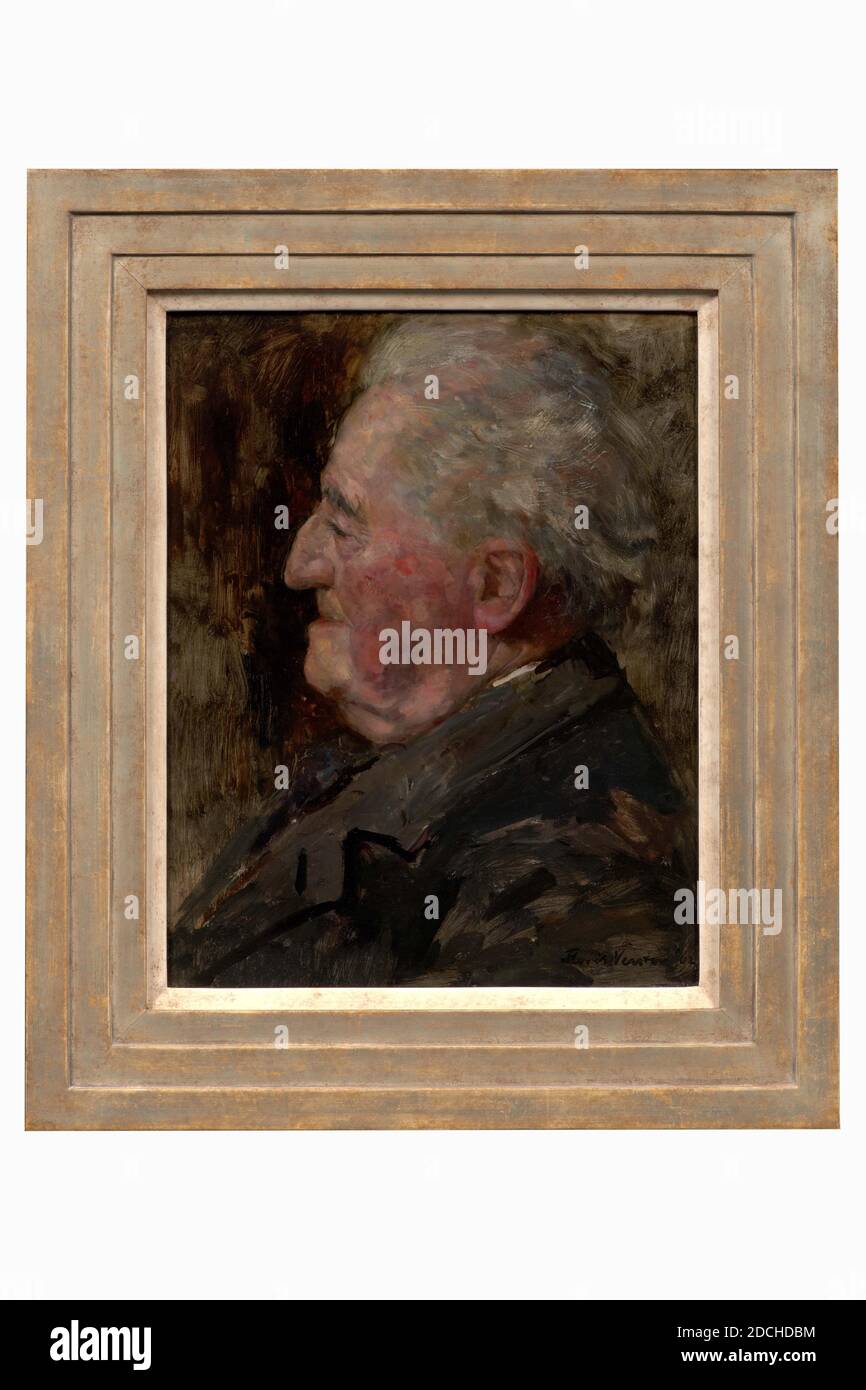 Gemälde, Floris Verster, 1902, Signatur vorne, unten rechts: Floris Verster '02, Tafel, Papier, Ölfarbe, bemalt, Träger: 40.5 × 32.7 × 0,3cm (405 × 327 × 3mm), mit Rahmen: 57.1 × 48.2 × 2cm (571 × 482 × 20mm), Männerportrait, Männerportrait: Florentius Abraham Verster van Wulverhorst, Vater des Malers. Er wird als Büste dargestellt, ganz nach links gedreht und nach links schauend. Er trägt graue Haare und ist in einem schwarzen Mantel gekleidet. Signiert unten rechts. Das Gemälde ist in einem goldfarbenen mit silberfarbenen bemalten Holzrahmen mit weiß lackiertem Innenkante, 1927 Stockfoto