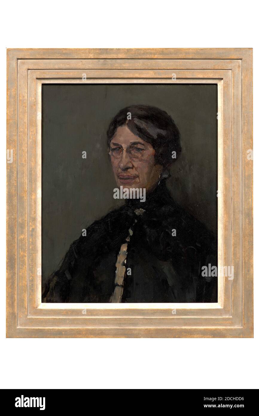 Gemälde, Menso Kamerlingh Onnes, 1888, Signatur vorne, oben links: M. Kamerlingh Onnes 1888, Leinwand, Ölfarbe, bemalt, Allgemein (Maße nach Katalog 1983): 189 × 137cm (1890 × 1370mm), mit Rahmen: 200 × 148 , 5 × 5cm (2000 × 1485 × 50mm), Frauenportrait, Frauenporträt: Anna Gerdina Coers, die Mutter des Malers. Sie wird bis auf die Knie dargestellt, dreiviertel nach links gedreht und schaut nach links. Sie sitzt in einem Sessel mit zusammengekrallten Händen auf ihrem Schoß. Sie trägt eine Brille mit goldener Umrandung, eine schwarze Robe und einen goldenen Anhänger mit roter Koralle um ihren Hals. Sie wird gezeigt Stockfoto
