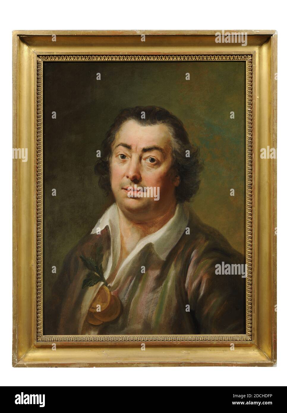 Pastell, Rienk Jelgerhuis, 22. August 1785, Signatur vorne, unten rechts: R. Jelgerhuis 22/8/1785, vorne, unten links: nr. 1907 [?], Holz, Pastell, Papier, Glas, signiert, Allgemein (Maße laut Katalog 1983): 38 x 26cm (380 x 260mm), mit Rahmen: 44.4 x 32.5 x 4cm (444 x 325 x 40mm), Innenmaße: 37 x 25cm (370 x 250mm), Männerportrait, Porträt von Johannes le Francq van Berkhey . In voller Darstellung in einem Sessel sitzend, ein wenig nach links gedreht, den Betrachter anblickend. Er legt die rechte Hand, in der ein Stift, auf eine Büste von Wilhelm dem Stillen, die auf seiner linken Seite auf einem steht Stockfoto