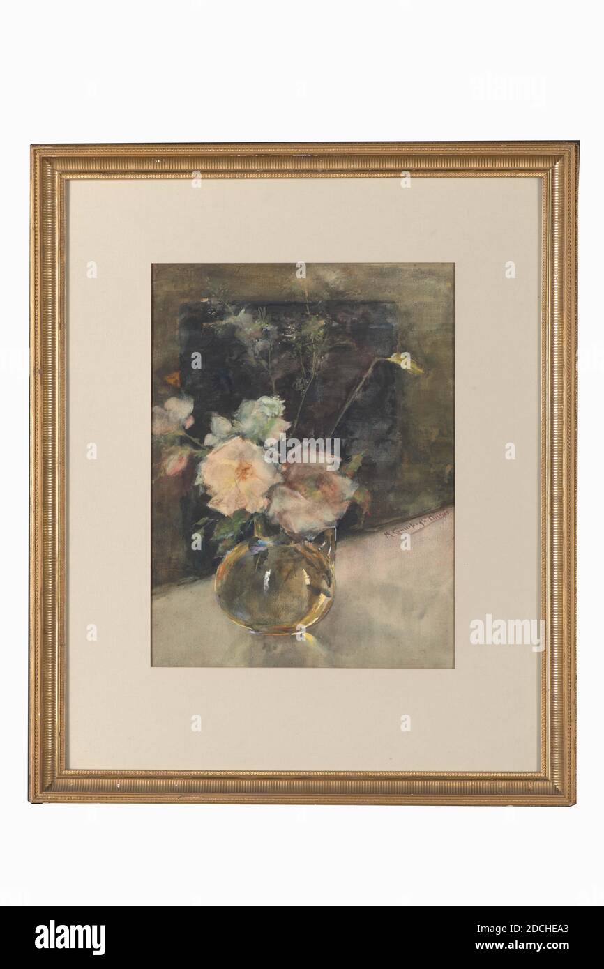 Aquarell, Menso Kamerlingh Onnes, 1895 ?, Signature Front, rechts, Mitte: M. Kamerlingh Onnes, Aquarell, Papier, bemalt, Allgemein (Maße nach Katalog 1983): 62.8 x 42,8cm (628 x 428mm), mit Rahmen: 92 × 75.5 × 3.5cm (920 × 755 × 35mm), Stillleben, Blume, Aquarell, das ein Stillleben mit einer runden Glasvase mit roten und weißen Blumen darstellt. Die Vase ist auf einem hellen Hintergrund platziert, der sich rückwärts gegen den Hintergrund abfällt. Der Hintergrund ist dunkel. Rechts am Rand des Hintergrundes signiert. Aquarell ist in einem vergoldeten Holzrahmen und ist hinter Glas, 1956 Stockfoto