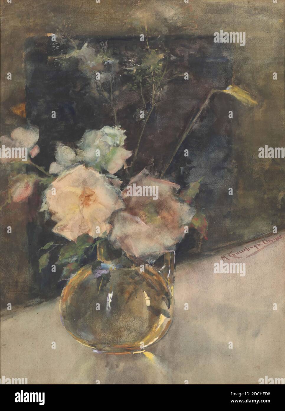 Aquarell, Menso Kamerlingh Onnes, 1895 ?, Signature Front, rechts, Mitte: M. Kamerlingh Onnes, Aquarell, Papier, bemalt, Allgemein (Maße nach Katalog 1983): 62.8 x 42,8cm (628 x 428mm), mit Rahmen: 92 × 75.5 × 3.5cm (920 × 755 × 35mm), Stillleben, Blume, Aquarell, das ein Stillleben mit einer runden Glasvase mit roten und weißen Blumen darstellt. Die Vase ist auf einem hellen Hintergrund platziert, der sich rückwärts gegen den Hintergrund abfällt. Der Hintergrund ist dunkel. Rechts am Rand des Hintergrundes signiert. Aquarell ist in einem vergoldeten Holzrahmen und ist hinter Glas, 1956 Stockfoto