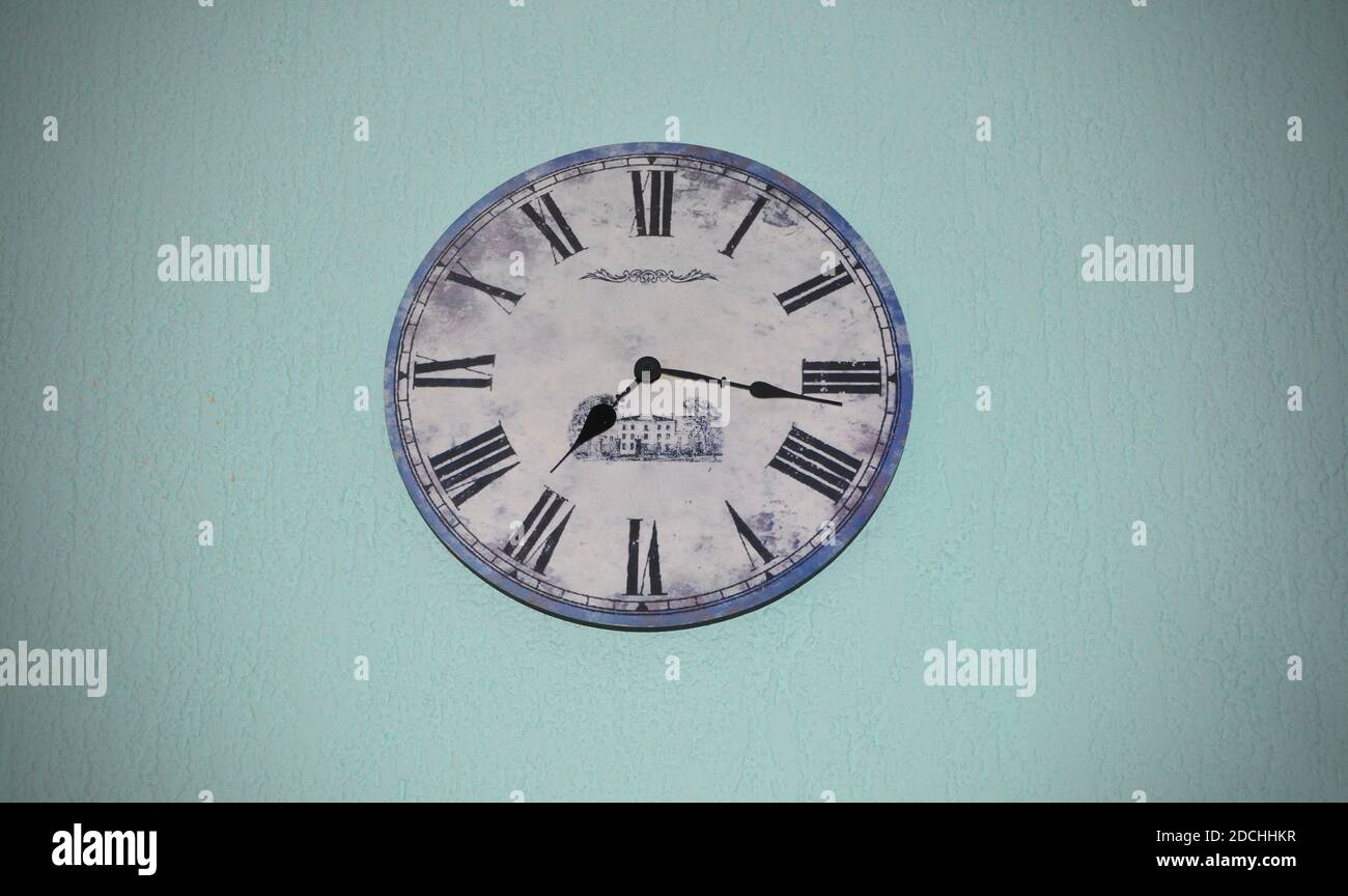 Runde Uhr hängt an der blauen Wand.vintage Vektor Wanduhr für Isolierter Hintergrund Stockfoto