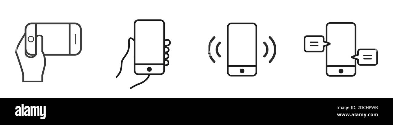 Symbol für die Mobilfunkverbindung. Mobiltelefon in der Hand. Das Smartphone vibriert. Hand hält ein Smartphone. Vektorgrafik auf weißem Hintergrund. Stock Vektor