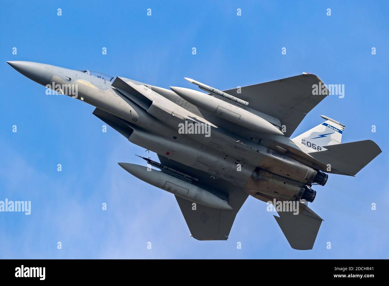 US Air Force F-15 Eagle Kampfjet im Flug. Niederlande - 28. März 2017 Stockfoto