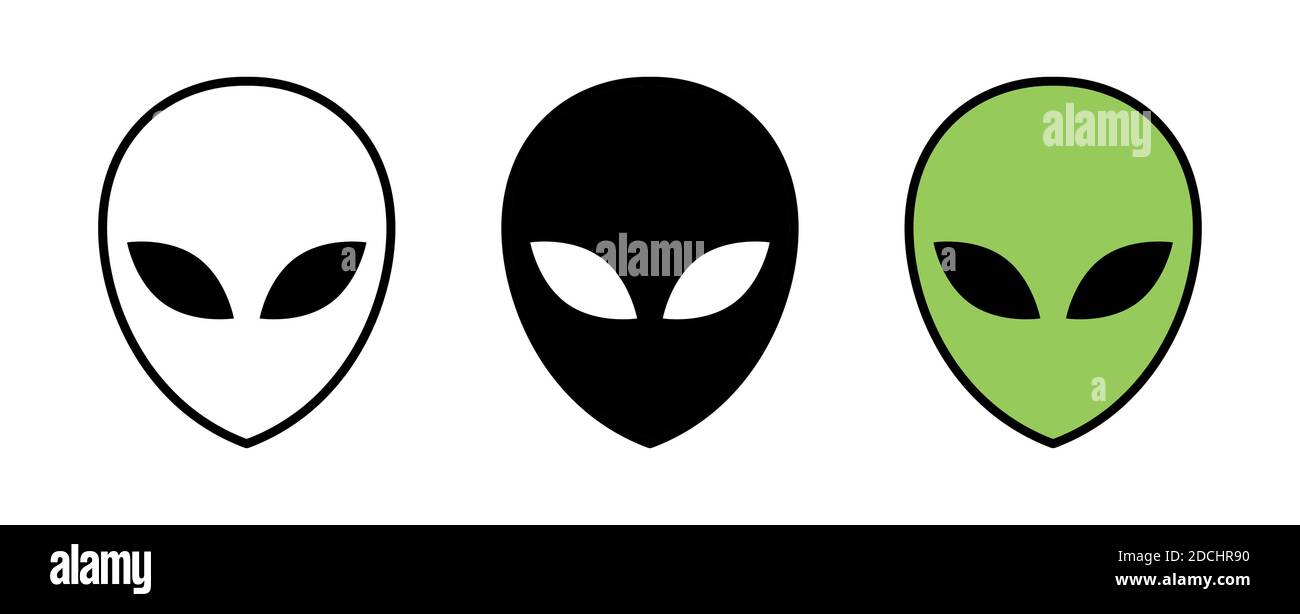 Alien-Symbol. Extraterrestrisch schwarz grün Symbol und Umriss. Vektorgrafik isoliert auf weißem Hintergrund. Setzen. Stock Vektor
