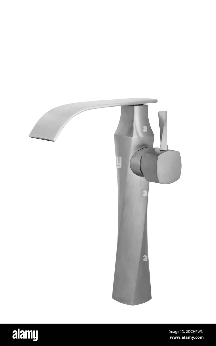 Hochglanz-Metallhahn isoliert auf weißem Hintergrund Stockfoto
