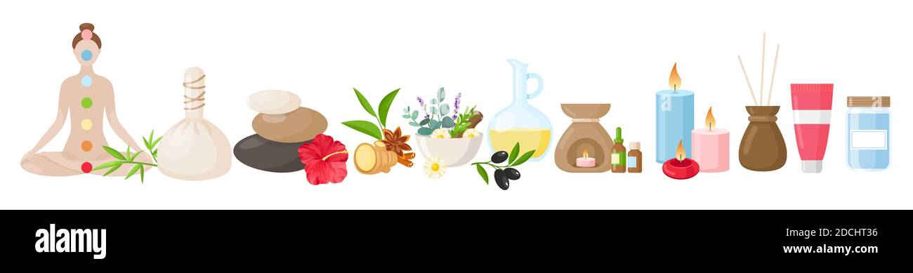 Ayurveda Medizin Vektor Illustration Set. Cartoon Wohnung medizinische ayurvedische Sammlung mit Körperpflegeartikeln, Stock Vektor